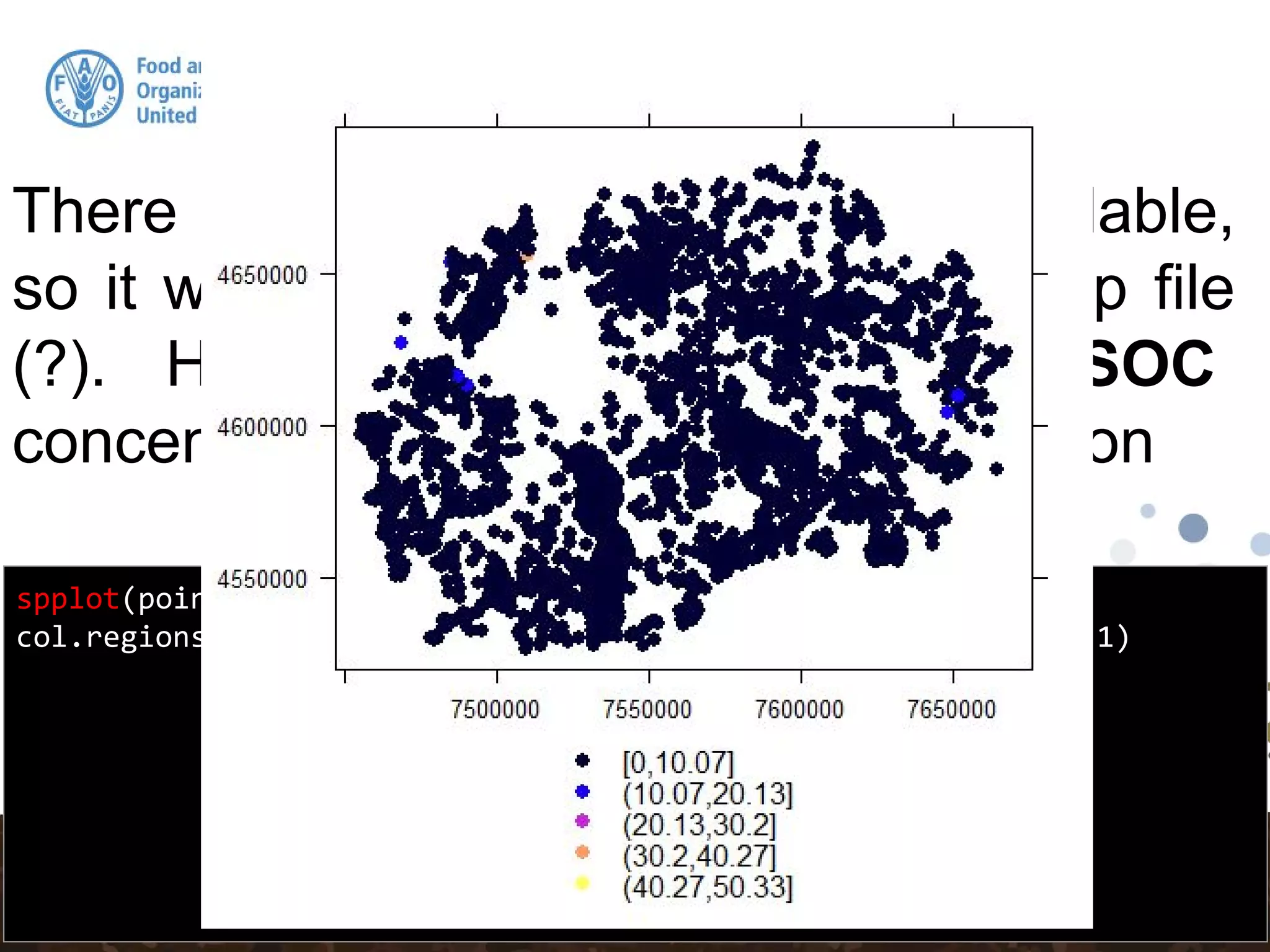 Spatial Data Frame
spplot(pointdata, "Value", scales = list(draw = T), cuts = 5,
col.regions = bpy.colors(cutoff.tails = 0.1,alpha = 1), cex = 1)
There are other plotting options available,
so it will be helpful to consult the help file
(?). Here, we are plotting the SOC
concentration measured at each location
 