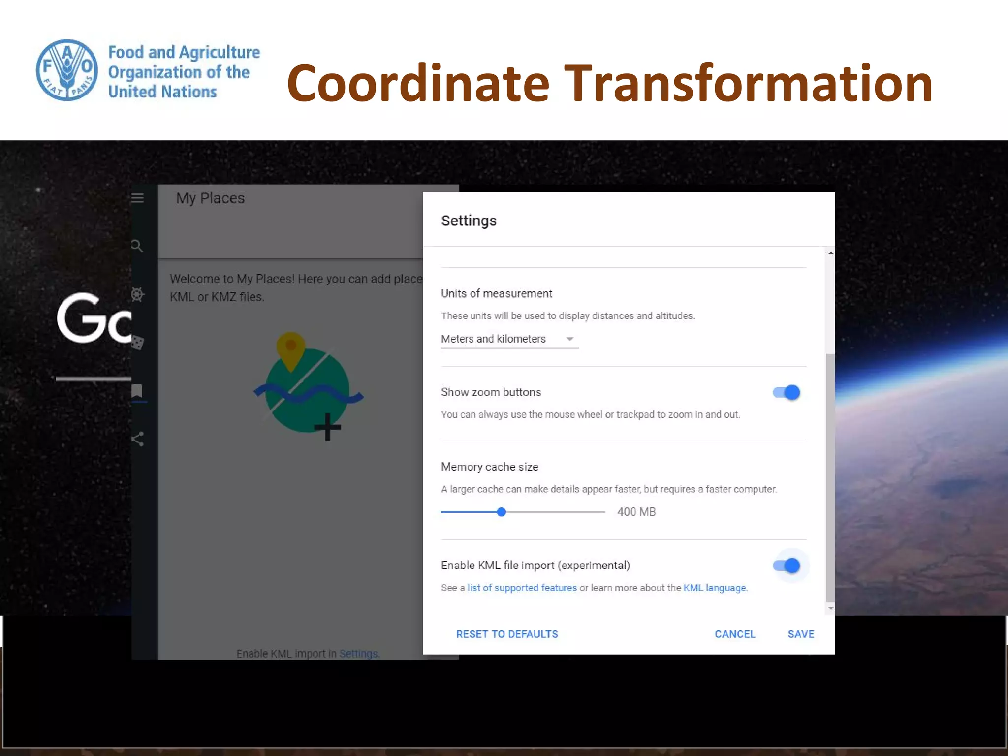 Coordinate Transformation
> pointdata.kml <- spTransform(pointdata, CRS("+init=epsg:4326"))
To look at the locations of the data in Google Earth, we first need
to make sure the data is in the WGS84 geographic CRS. If the
data is not in this CRS (which is the case for our data), then we
need to perform a transformation. This is done by using the
spTransform function in sp. The EPSG code for WGS84
geographic is: 4326. We can then export out our transformed
pointdata data set to a KML file and visualize it in Google Earth.
 