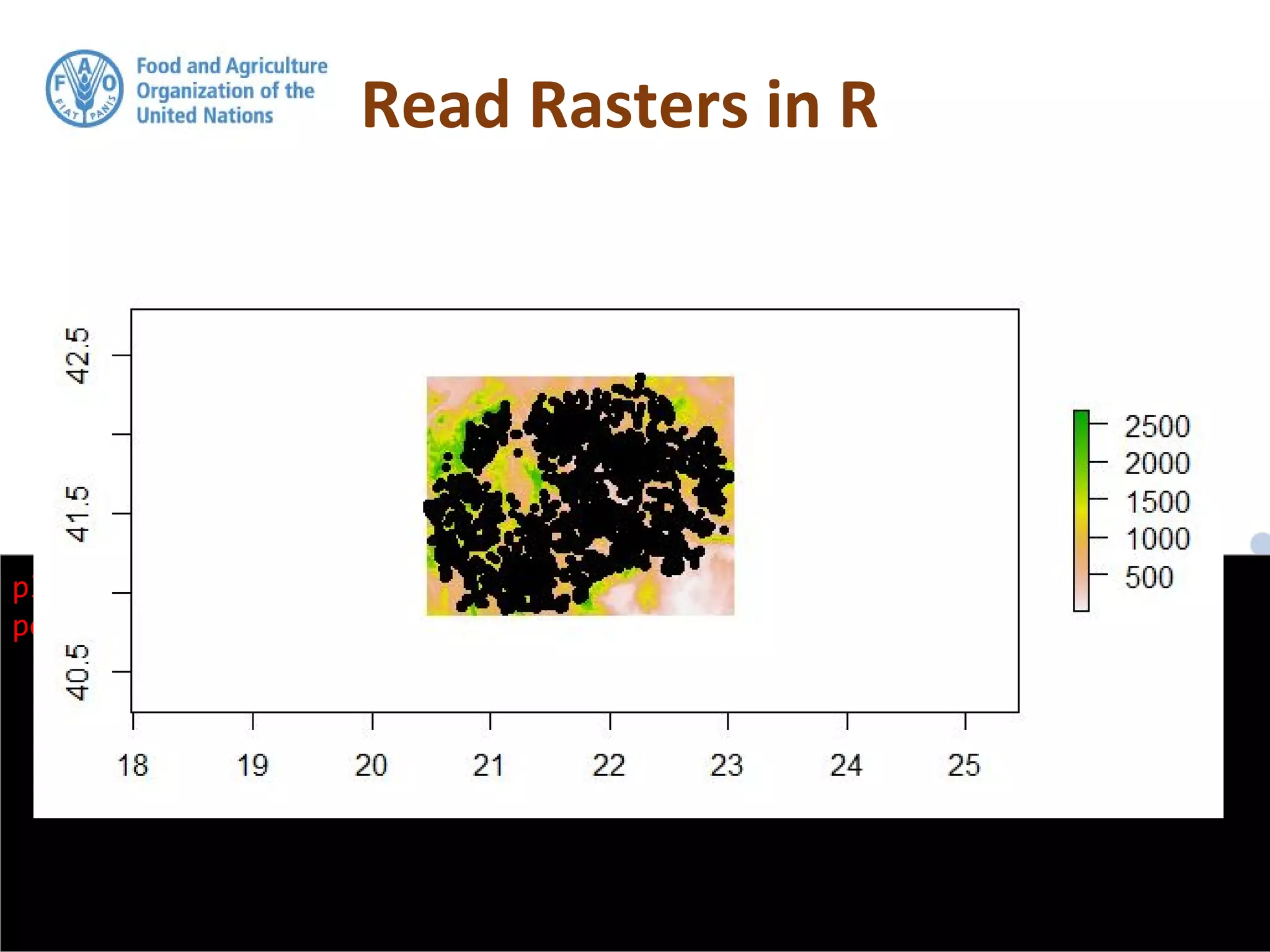 So lets do a quick plot of this raster and overlay
the point locations
Read Rasters in R
plot(mac.dem)
points(points, pch = 20)
 