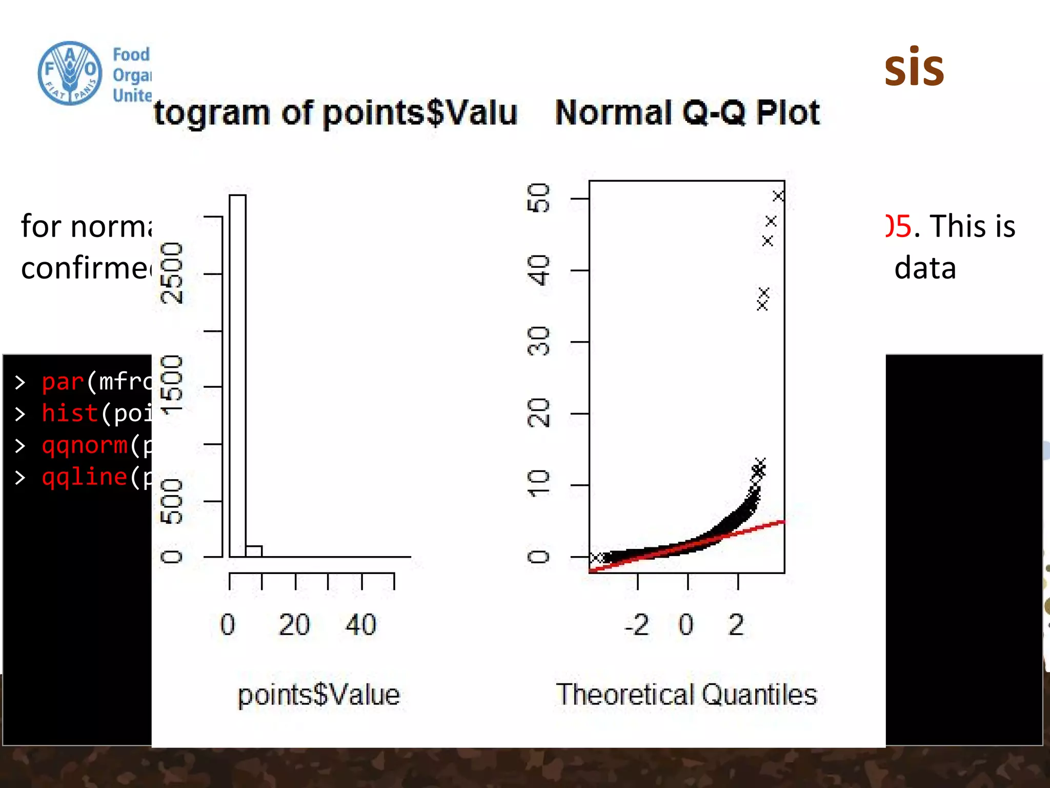 Exploratory Data Analysis
for normally distributed data the p value should be > than 0.05. This is
confirmed when we look at the histogram and qq-plot of this data
> par(mfrow = c(1, 2))
> hist(points$Value)
> qqnorm(points$Value, plot.it = TRUE, pch = 4, cex = 0.7)
> qqline(points$Value, col = "red", lwd = 2)
 