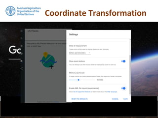 Coordinate Transformation
> pointdata.kml <- spTransform(pointdata, CRS("+init=epsg:4326"))
To look at the locations of the data in Google Earth, we first need
to make sure the data is in the WGS84 geographic CRS. If the
data is not in this CRS (which is the case for our data), then we
need to perform a transformation. This is done by using the
spTransform function in sp. The EPSG code for WGS84
geographic is: 4326. We can then export out our transformed
pointdata data set to a KML file and visualize it in Google Earth.
 