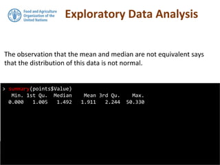 Exploratory Data Analysis
The observation that the mean and median are not equivalent says
that the distribution of this data is not normal.
> summary(points$Value)
Min. 1st Qu. Median Mean 3rd Qu. Max.
0.000 1.005 1.492 1.911 2.244 50.330
 