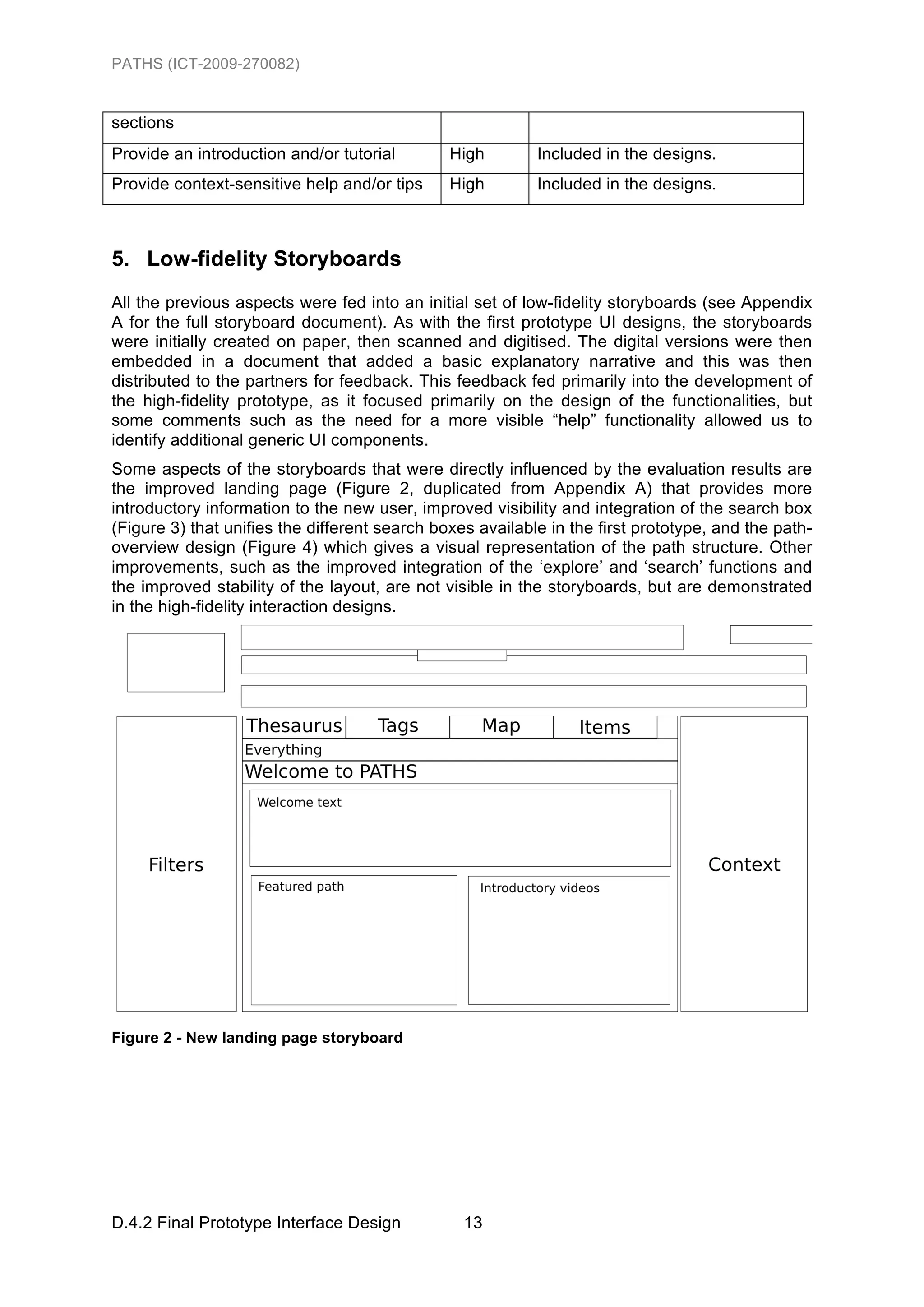 PATHS (ICT-2009-270082)


sections
Provide an introduction and/or tutorial        High        Included in the designs.
Provide context-sensitive help and/or tips     High        Included in the designs.



5. Low-fidelity Storyboards
All the previous aspects were fed into an initial set of low-fidelity storyboards (see Appendix
A for the full storyboard document). As with the first prototype UI designs, the storyboards
were initially created on paper, then scanned and digitised. The digital versions were then
embedded in a document that added a basic explanatory narrative and this was then
distributed to the partners for feedback. This feedback fed primarily into the development of
the high-fidelity prototype, as it focused primarily on the design of the functionalities, but
some comments such as the need for a more visible “help” functionality allowed us to
identify additional generic UI components.
Some aspects of the storyboards that were directly influenced by the evaluation results are
the improved landing page (Figure 2, duplicated from Appendix A) that provides more
introductory information to the new user, improved visibility and integration of the search box
(Figure 3) that unifies the different search boxes available in the first prototype, and the path-
overview design (Figure 4) which gives a visual representation of the path structure. Other
improvements, such as the improved integration of the ‘explore’ and ‘search’ functions and
the improved stability of the layout, are not visible in the storyboards, but are demonstrated
in the high-fidelity interaction designs.




Figure 2 - New landing page storyboard




D.4.2 Final Prototype Interface Design           13
 