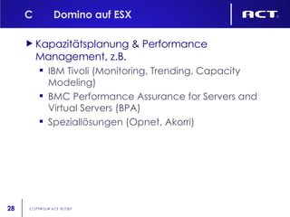 C Domino auf ESX Kapazitätsplanung & Performance Management, z.B. IBM Tivoli (Monitoring, Trending, Capacity Modeling) BMC Performance Assurance for Servers and Virtual Servers (BPA) Speziallösungen (Opnet, Akorri) 