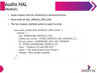 Audio HAL
(Module)
struct audio_module HAL_MODULE_INFO_SYM = {
.common = {
.tag = HARDWARE_MODULE_TAG,
.module_api_version = AUDIO_MODULE_API_VERSION_0_1,
.hal_api_version = HARDWARE_HAL_API_VERSION,
.id = AUDIO_HARDWARE_MODULE_ID,
.name = "Raspberry Pi Audio HW HAL",
.author = "The Android Open Source Project",
.methods = &hal_module_methods,
},
};
● Audio module shall be initialized as mentioned below
● Name shall be HAL_MODULE_INFO_SYM
● The hal_module_methods points to open function
 