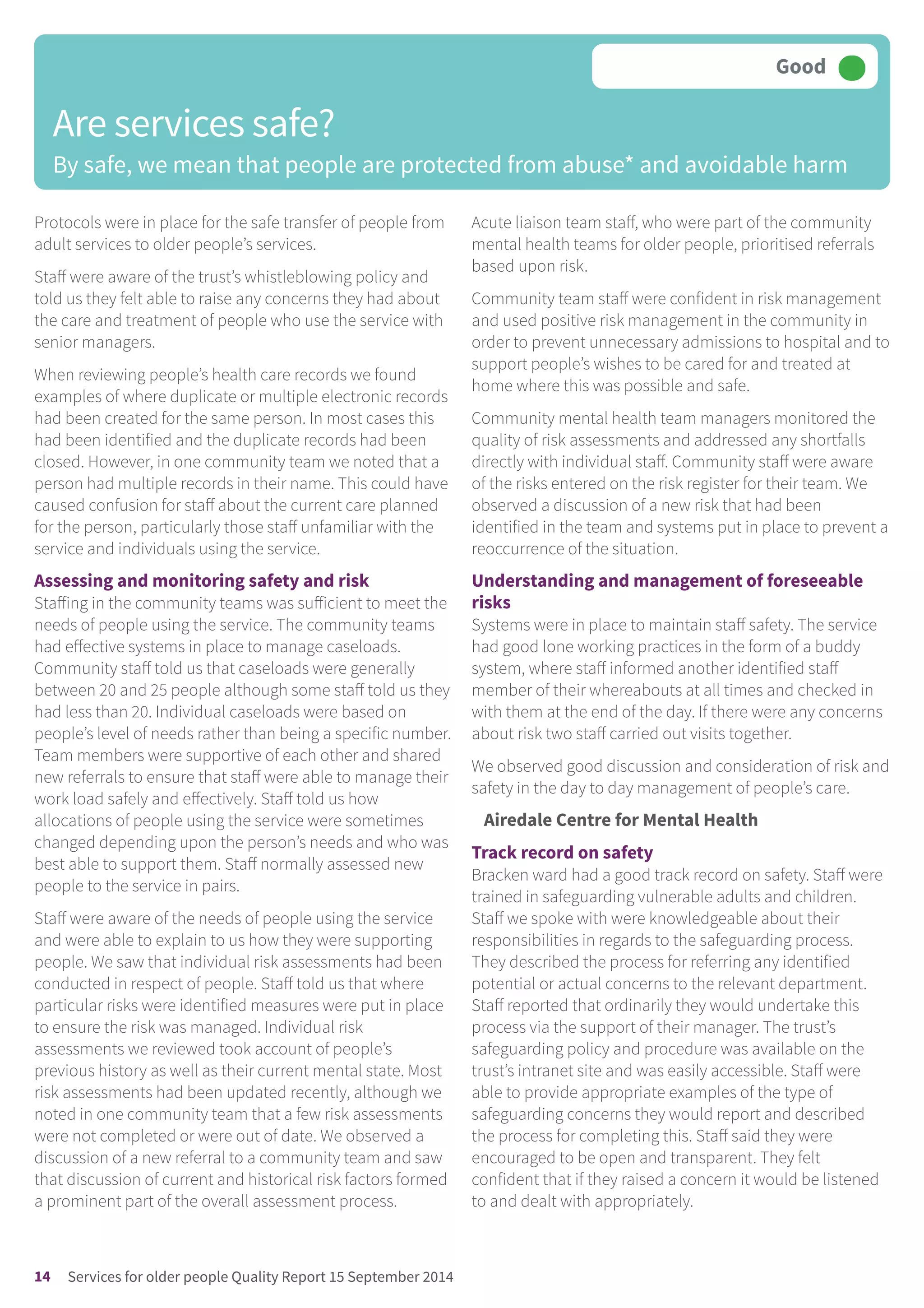 Protocols were in place for the safe transfer of people from
adult services to older people’s services.
Staff were aware of the trust’s whistleblowing policy and
told us they felt able to raise any concerns they had about
the care and treatment of people who use the service with
senior managers.
When reviewing people’s health care records we found
examples of where duplicate or multiple electronic records
had been created for the same person. In most cases this
had been identified and the duplicate records had been
closed. However, in one community team we noted that a
person had multiple records in their name. This could have
caused confusion for staff about the current care planned
for the person, particularly those staff unfamiliar with the
service and individuals using the service.
Assessing and monitoring safety and risk
Staffing in the community teams was sufficient to meet the
needs of people using the service. The community teams
had effective systems in place to manage caseloads.
Community staff told us that caseloads were generally
between 20 and 25 people although some staff told us they
had less than 20. Individual caseloads were based on
people’s level of needs rather than being a specific number.
Team members were supportive of each other and shared
new referrals to ensure that staff were able to manage their
work load safely and effectively. Staff told us how
allocations of people using the service were sometimes
changed depending upon the person’s needs and who was
best able to support them. Staff normally assessed new
people to the service in pairs.
Staff were aware of the needs of people using the service
and were able to explain to us how they were supporting
people. We saw that individual risk assessments had been
conducted in respect of people. Staff told us that where
particular risks were identified measures were put in place
to ensure the risk was managed. Individual risk
assessments we reviewed took account of people’s
previous history as well as their current mental state. Most
risk assessments had been updated recently, although we
noted in one community team that a few risk assessments
were not completed or were out of date. We observed a
discussion of a new referral to a community team and saw
that discussion of current and historical risk factors formed
a prominent part of the overall assessment process.
Acute liaison team staff, who were part of the community
mental health teams for older people, prioritised referrals
based upon risk.
Community team staff were confident in risk management
and used positive risk management in the community in
order to prevent unnecessary admissions to hospital and to
support people’s wishes to be cared for and treated at
home where this was possible and safe.
Community mental health team managers monitored the
quality of risk assessments and addressed any shortfalls
directly with individual staff. Community staff were aware
of the risks entered on the risk register for their team. We
observed a discussion of a new risk that had been
identified in the team and systems put in place to prevent a
reoccurrence of the situation.
Understanding and management of foreseeable
risks
Systems were in place to maintain staff safety. The service
had good lone working practices in the form of a buddy
system, where staff informed another identified staff
member of their whereabouts at all times and checked in
with them at the end of the day. If there were any concerns
about risk two staff carried out visits together.
We observed good discussion and consideration of risk and
safety in the day to day management of people’s care.
Airedale Centre for Mental Health
Track record on safety
Bracken ward had a good track record on safety. Staff were
trained in safeguarding vulnerable adults and children.
Staff we spoke with were knowledgeable about their
responsibilities in regards to the safeguarding process.
They described the process for referring any identified
potential or actual concerns to the relevant department.
Staff reported that ordinarily they would undertake this
process via the support of their manager. The trust’s
safeguarding policy and procedure was available on the
trust’s intranet site and was easily accessible. Staff were
able to provide appropriate examples of the type of
safeguarding concerns they would report and described
the process for completing this. Staff said they were
encouraged to be open and transparent. They felt
confident that if they raised a concern it would be listened
to and dealt with appropriately.
Are services safe?
By safe, we mean that people are protected from abuse* and avoidable harm
Good –––
14 Services for older people Quality Report 15 September 2014
 