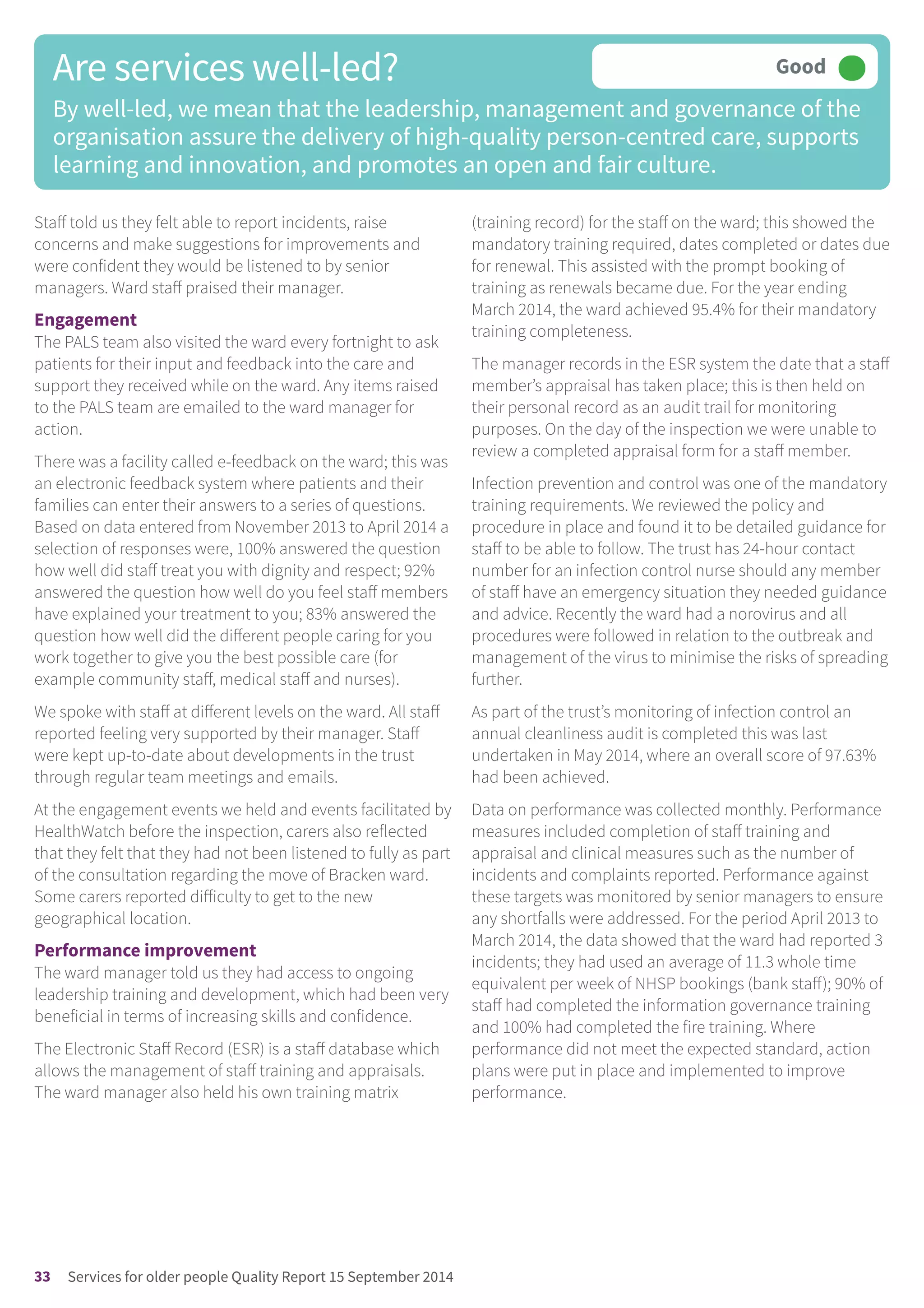 Staff told us they felt able to report incidents, raise
concerns and make suggestions for improvements and
were confident they would be listened to by senior
managers. Ward staff praised their manager.
Engagement
The PALS team also visited the ward every fortnight to ask
patients for their input and feedback into the care and
support they received while on the ward. Any items raised
to the PALS team are emailed to the ward manager for
action.
There was a facility called e-feedback on the ward; this was
an electronic feedback system where patients and their
families can enter their answers to a series of questions.
Based on data entered from November 2013 to April 2014 a
selection of responses were, 100% answered the question
how well did staff treat you with dignity and respect; 92%
answered the question how well do you feel staff members
have explained your treatment to you; 83% answered the
question how well did the different people caring for you
work together to give you the best possible care (for
example community staff, medical staff and nurses).
We spoke with staff at different levels on the ward. All staff
reported feeling very supported by their manager. Staff
were kept up-to-date about developments in the trust
through regular team meetings and emails.
At the engagement events we held and events facilitated by
HealthWatch before the inspection, carers also reflected
that they felt that they had not been listened to fully as part
of the consultation regarding the move of Bracken ward.
Some carers reported difficulty to get to the new
geographical location.
Performance improvement
The ward manager told us they had access to ongoing
leadership training and development, which had been very
beneficial in terms of increasing skills and confidence.
The Electronic Staff Record (ESR) is a staff database which
allows the management of staff training and appraisals.
The ward manager also held his own training matrix
(training record) for the staff on the ward; this showed the
mandatory training required, dates completed or dates due
for renewal. This assisted with the prompt booking of
training as renewals became due. For the year ending
March 2014, the ward achieved 95.4% for their mandatory
training completeness.
The manager records in the ESR system the date that a staff
member’s appraisal has taken place; this is then held on
their personal record as an audit trail for monitoring
purposes. On the day of the inspection we were unable to
review a completed appraisal form for a staff member.
Infection prevention and control was one of the mandatory
training requirements. We reviewed the policy and
procedure in place and found it to be detailed guidance for
staff to be able to follow. The trust has 24-hour contact
number for an infection control nurse should any member
of staff have an emergency situation they needed guidance
and advice. Recently the ward had a norovirus and all
procedures were followed in relation to the outbreak and
management of the virus to minimise the risks of spreading
further.
As part of the trust’s monitoring of infection control an
annual cleanliness audit is completed this was last
undertaken in May 2014, where an overall score of 97.63%
had been achieved.
Data on performance was collected monthly. Performance
measures included completion of staff training and
appraisal and clinical measures such as the number of
incidents and complaints reported. Performance against
these targets was monitored by senior managers to ensure
any shortfalls were addressed. For the period April 2013 to
March 2014, the data showed that the ward had reported 3
incidents; they had used an average of 11.3 whole time
equivalent per week of NHSP bookings (bank staff); 90% of
staff had completed the information governance training
and 100% had completed the fire training. Where
performance did not meet the expected standard, action
plans were put in place and implemented to improve
performance.
Are services well-led?
By well-led, we mean that the leadership, management and governance of the
organisation assure the delivery of high-quality person-centred care, supports
learning and innovation, and promotes an open and fair culture.
Good –––
33 Services for older people Quality Report 15 September 2014
 