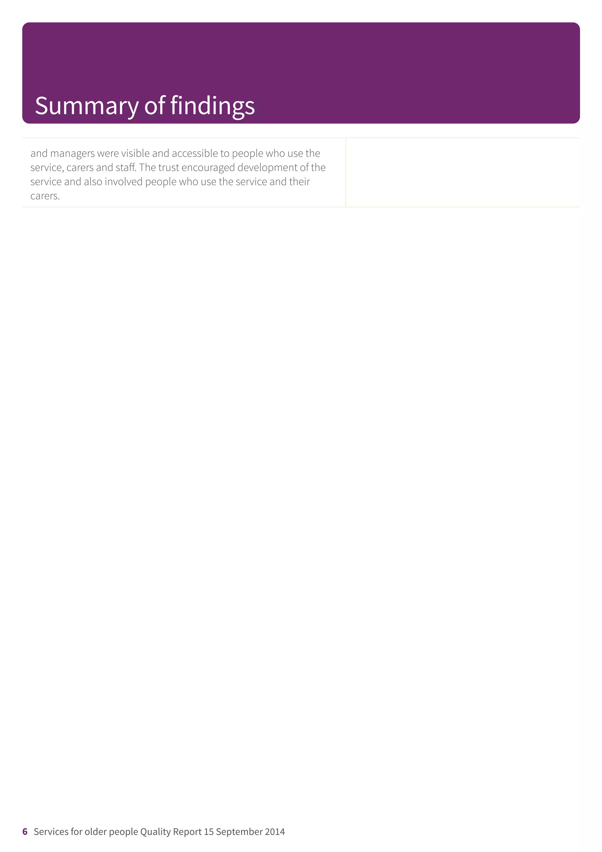 and managers were visible and accessible to people who use the
service, carers and staff. The trust encouraged development of the
service and also involved people who use the service and their
carers.
Summary of findings
6 Services for older people Quality Report 15 September 2014
 