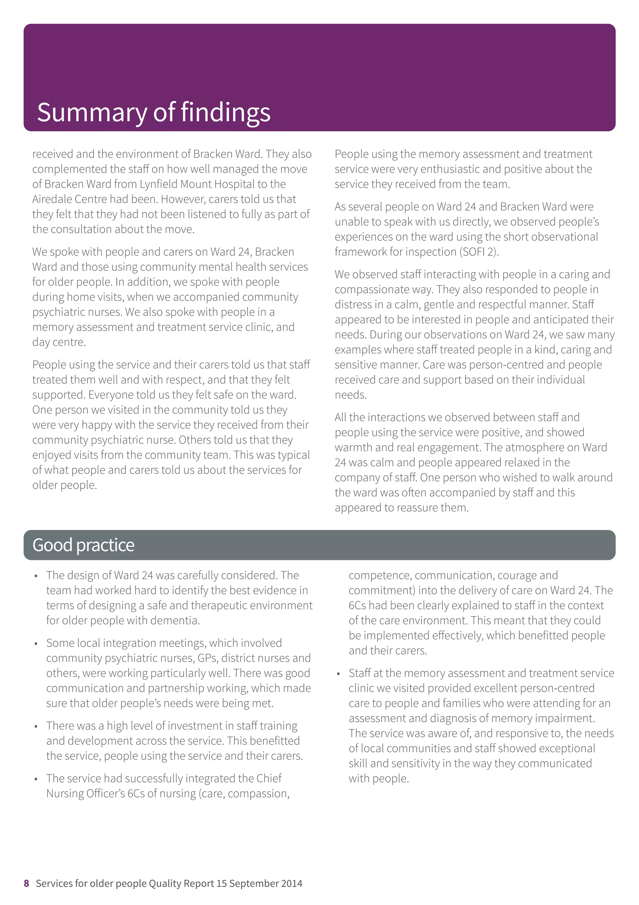 received and the environment of Bracken Ward. They also
complemented the staff on how well managed the move
of Bracken Ward from Lynfield Mount Hospital to the
Airedale Centre had been. However, carers told us that
they felt that they had not been listened to fully as part of
the consultation about the move.
We spoke with people and carers on Ward 24, Bracken
Ward and those using community mental health services
for older people. In addition, we spoke with people
during home visits, when we accompanied community
psychiatric nurses. We also spoke with people in a
memory assessment and treatment service clinic, and
day centre.
People using the service and their carers told us that staff
treated them well and with respect, and that they felt
supported. Everyone told us they felt safe on the ward.
One person we visited in the community told us they
were very happy with the service they received from their
community psychiatric nurse. Others told us that they
enjoyed visits from the community team. This was typical
of what people and carers told us about the services for
older people.
People using the memory assessment and treatment
service were very enthusiastic and positive about the
service they received from the team.
As several people on Ward 24 and Bracken Ward were
unable to speak with us directly, we observed people’s
experiences on the ward using the short observational
framework for inspection (SOFI 2).
We observed staff interacting with people in a caring and
compassionate way. They also responded to people in
distress in a calm, gentle and respectful manner. Staff
appeared to be interested in people and anticipated their
needs. During our observations on Ward 24, we saw many
examples where staff treated people in a kind, caring and
sensitive manner. Care was person-centred and people
received care and support based on their individual
needs.
All the interactions we observed between staff and
people using the service were positive, and showed
warmth and real engagement. The atmosphere on Ward
24 was calm and people appeared relaxed in the
company of staff. One person who wished to walk around
the ward was often accompanied by staff and this
appeared to reassure them.
Goodpractice
• The design of Ward 24 was carefully considered. The
team had worked hard to identify the best evidence in
terms of designing a safe and therapeutic environment
for older people with dementia.
• Some local integration meetings, which involved
community psychiatric nurses, GPs, district nurses and
others, were working particularly well. There was good
communication and partnership working, which made
sure that older people’s needs were being met.
• There was a high level of investment in staff training
and development across the service. This benefitted
the service, people using the service and their carers.
• The service had successfully integrated the Chief
Nursing Officer’s 6Cs of nursing (care, compassion,
competence, communication, courage and
commitment) into the delivery of care on Ward 24. The
6Cs had been clearly explained to staff in the context
of the care environment. This meant that they could
be implemented effectively, which benefitted people
and their carers.
• Staff at the memory assessment and treatment service
clinic we visited provided excellent person-centred
care to people and families who were attending for an
assessment and diagnosis of memory impairment.
The service was aware of, and responsive to, the needs
of local communities and staff showed exceptional
skill and sensitivity in the way they communicated
with people.
Summary of findings
8 Services for older people Quality Report 15 September 2014
 