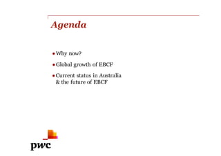 whatwouldyouliketogrow.com.au
What would you like to grow?
Agenda
●Why now?
●Global growth of EBCF
●Current status in Australia
& the future of EBCF
 
