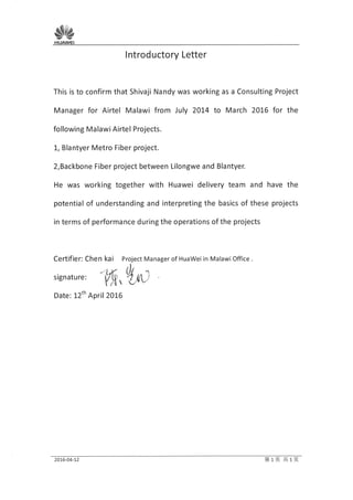Credential Letter from Huawei Malawi