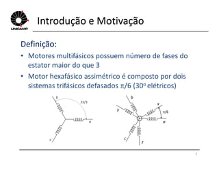 Introdução e Motivação
Definição:
• Motores multifásicos possuem número de fases do
estator maior do que 3
• Motor hexafásico assimétrico é composto por dois
sistemas trifásicos defasados /6 (30o elétricos)sistemas trifásicos defasados /6 (30o elétricos)
3
 