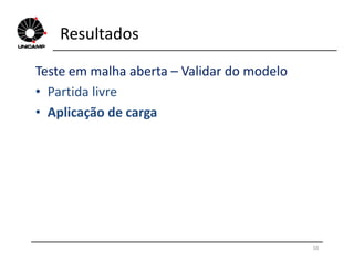 Resultados
Teste em malha aberta – Validar do modelo
• Partida livre
• Aplicação de carga
50
 