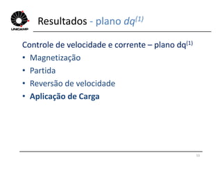 Resultados - plano dq(1)
Controle de velocidade e corrente – plano dq(1)
• Magnetização
• Partida
• Reversão de velocidade
53
• Reversão de velocidade
• Aplicação de Carga
 