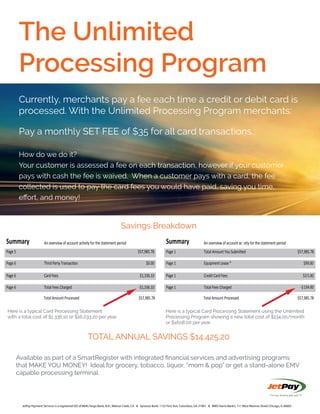 JetPay Payment Services is a registered ISO of Wells Fargo Bank, N.A., Walnut Creek, CA & Synovus Bank, 1125 First Ave, Columbus, GA 31901 & BMO Harris Bank’s, 111 West Monroe Street Chicago, Il, 60603
The Unlimited
Processing Program
Currently, merchants pay a fee each time a credit or debit card is
processed. With the Unlimited Processing Program merchants:
Pay a monthly SET FEE of $35 for all card transactions.
How do we do it?
Your customer is assessed a fee on each transaction, however if your customer
pays with cash the fee is waived. When a customer pays with a card, the fee
collected is used to pay the card fees you would have paid, saving you time,
Savings Breakdown
Summary An overview of account ac vity for the statement period
Page 5 Total Amount You Submi ed $57,985.78
Page 6 Third Party Transac on $0.00
Page 6 Card Fees $1,336.10
Page 6 Total Fees Charged -$1,336.10
Total Amount Processed $57,985.78
Summary An overview of account ac vity for the statement period
Page 1 Total Amount You Submi ed $57,985.78
Page 1 Equipment Lease * $99.00
Page 1 Credit Card Fees $35.00
Page 1 Total Fees Charged -$134.00
Total Amount Processed $57,985.78
Here is a typical Card Processing Statement
with a total cost of $1,336.10 or $16,033.20 per year.
Here is a typical Card Processing Statement using the Unlimited
Processing Program showing a new total cost of $134.00/month
or $1608.00 per year.
TOTAL ANNUAL SAVINGS $14,425.20
capable processing terminal.
 