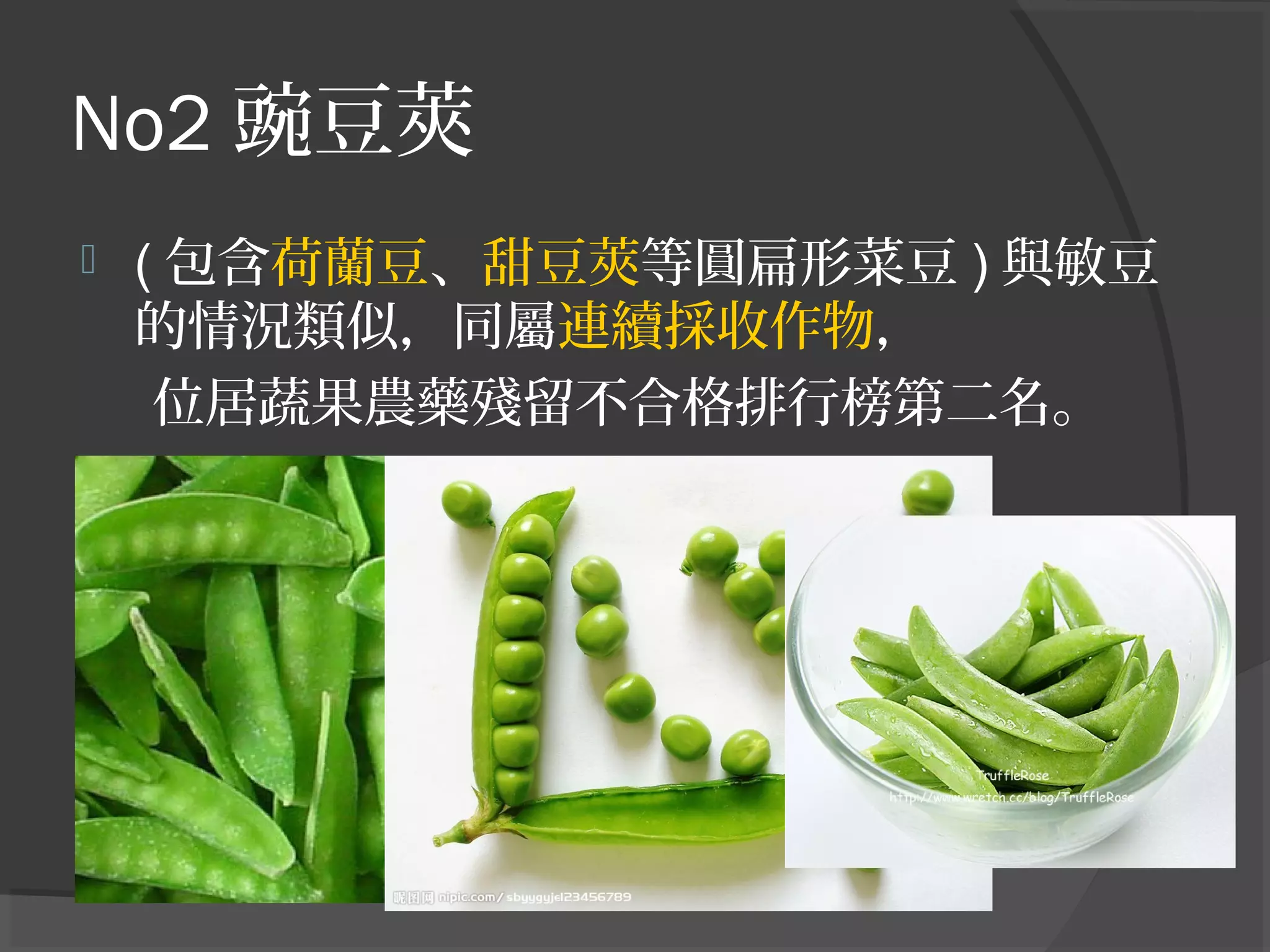 No2 豌豆莢
 ( 包含荷蘭豆、甜豆莢等圓扁形菜豆 ) 與敏豆
的情況類似，同屬連續採收作物，
位居蔬果農藥殘留不合格排行榜第二名。
 