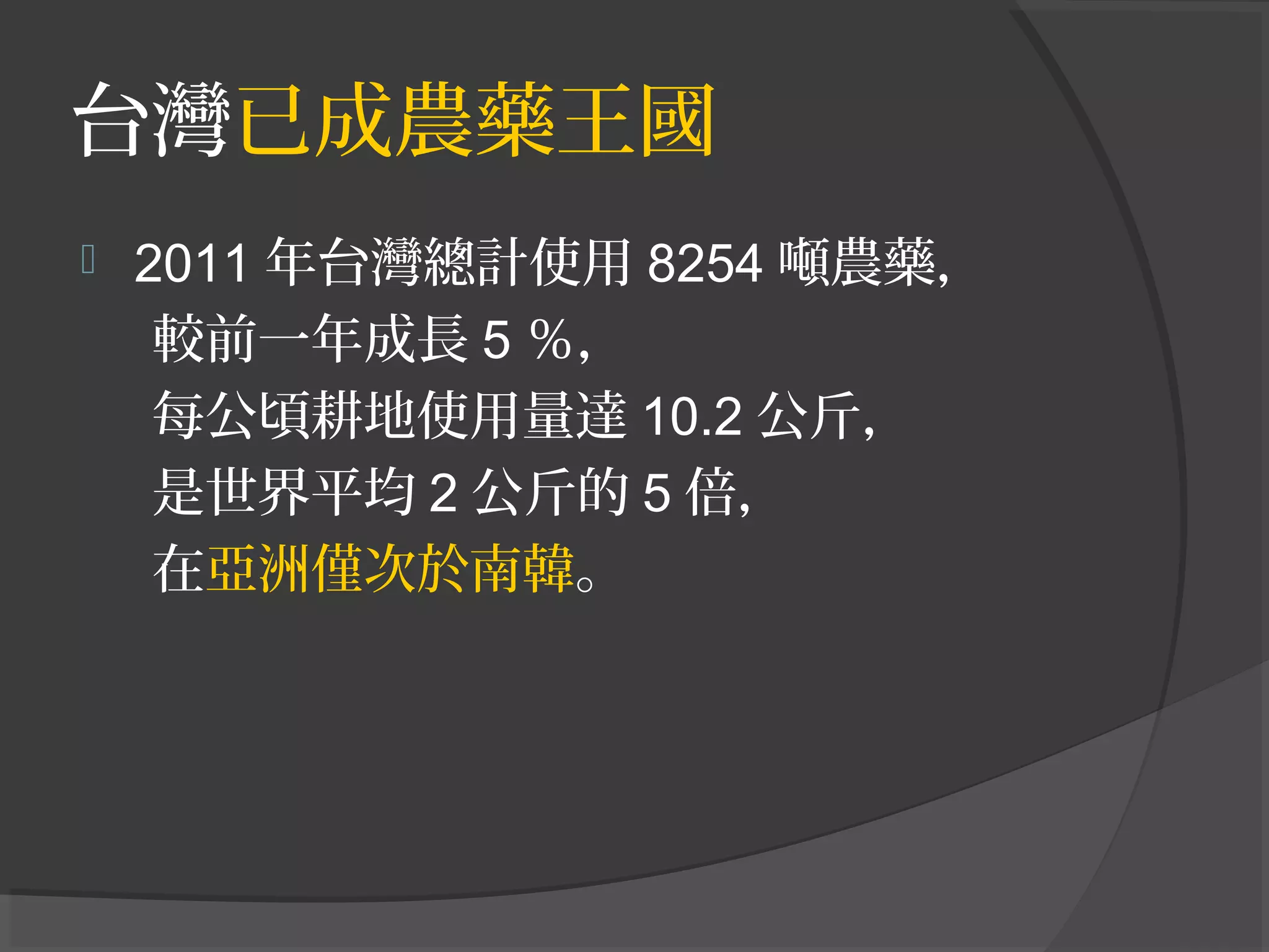 台灣已成農藥王國
 2011 年台灣總計使用 8254 噸農藥，
較前一年成長 5 ％，
每公頃耕地使用量達 10.2 公斤，
是世界平均 2 公斤的 5 倍，
在亞洲僅次於南韓。
 