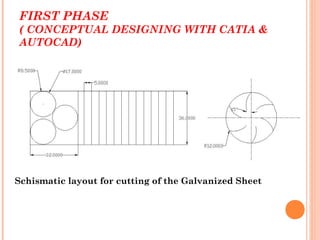 FIRST PHASE
( CONCEPTUAL DESIGNING WITH CATIA &
AUTOCAD)
Schismatic layout for cutting of the Galvanized Sheet
 
