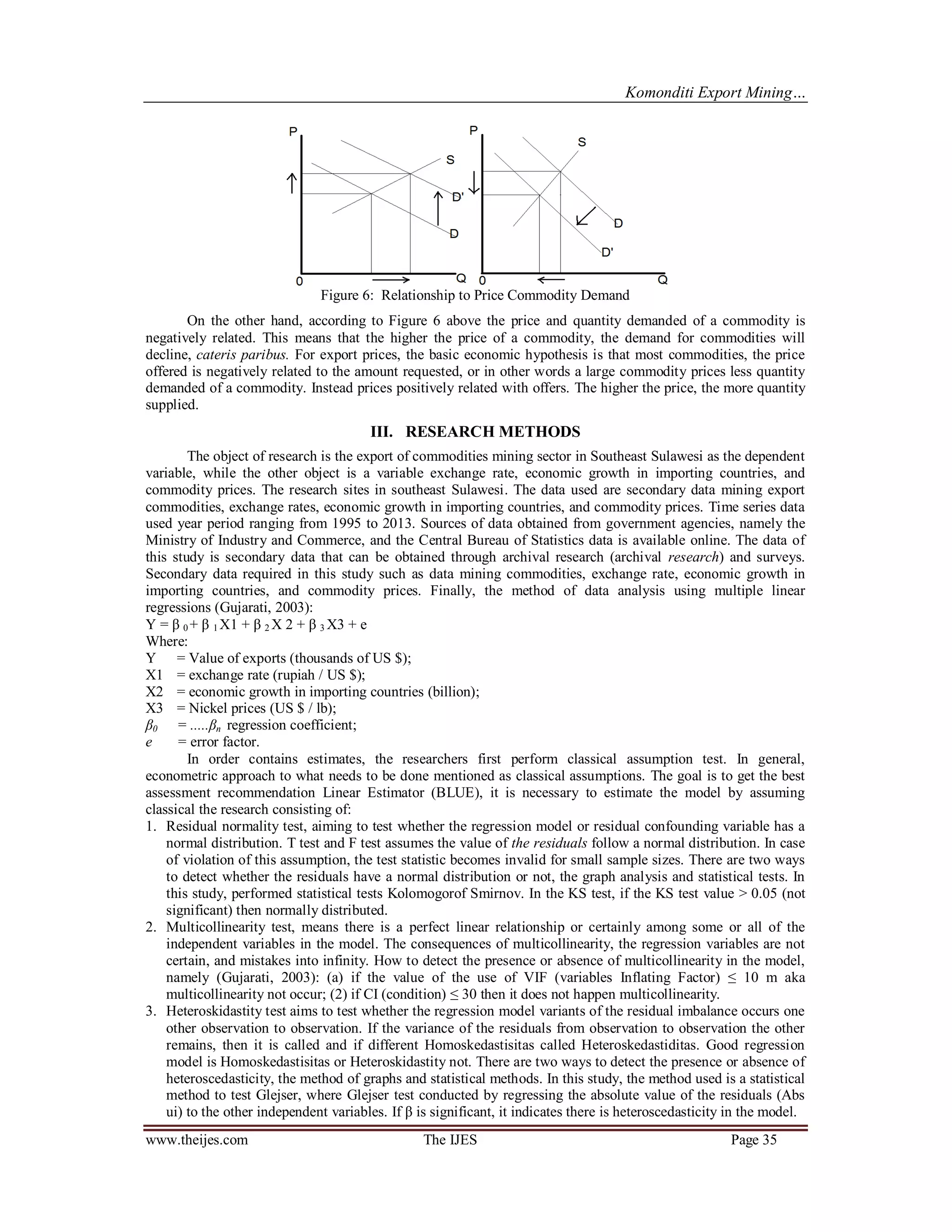 Komonditi Export Mining…
www.theijes.com The IJES Page 35
Figure 6: Relationship to Price Commodity Demand
On the other hand, according to Figure 6 above the price and quantity demanded of a commodity is
negatively related. This means that the higher the price of a commodity, the demand for commodities will
decline, cateris paribus. For export prices, the basic economic hypothesis is that most commodities, the price
offered is negatively related to the amount requested, or in other words a large commodity prices less quantity
demanded of a commodity. Instead prices positively related with offers. The higher the price, the more quantity
supplied.
III. RESEARCH METHODS
The object of research is the export of commodities mining sector in Southeast Sulawesi as the dependent
variable, while the other object is a variable exchange rate, economic growth in importing countries, and
commodity prices. The research sites in southeast Sulawesi. The data used are secondary data mining export
commodities, exchange rates, economic growth in importing countries, and commodity prices. Time series data
used year period ranging from 1995 to 2013. Sources of data obtained from government agencies, namely the
Ministry of Industry and Commerce, and the Central Bureau of Statistics data is available online. The data of
this study is secondary data that can be obtained through archival research (archival research) and surveys.
Secondary data required in this study such as data mining commodities, exchange rate, economic growth in
importing countries, and commodity prices. Finally, the method of data analysis using multiple linear
regressions (Gujarati, 2003):
Y = 0 + 1 X1 + 2 X 2 + 3 X3 + e
Where:
Y = Value of exports (thousands of US $);
X1 = exchange rate (rupiah / US $);
X2 = economic growth in importing countries (billion);
X3 = Nickel prices (US $ / lb);
0 = ..... n regression coefficient;
e = error factor.
In order contains estimates, the researchers first perform classical assumption test. In general,
econometric approach to what needs to be done mentioned as classical assumptions. The goal is to get the best
assessment recommendation Linear Estimator (BLUE), it is necessary to estimate the model by assuming
classical the research consisting of:
1. Residual normality test, aiming to test whether the regression model or residual confounding variable has a
normal distribution. T test and F test assumes the value of the residuals follow a normal distribution. In case
of violation of this assumption, the test statistic becomes invalid for small sample sizes. There are two ways
to detect whether the residuals have a normal distribution or not, the graph analysis and statistical tests. In
this study, performed statistical tests Kolomogorof Smirnov. In the KS test, if the KS test value > 0.05 (not
significant) then normally distributed.
2. Multicollinearity test, means there is a perfect linear relationship or certainly among some or all of the
independent variables in the model. The consequences of multicollinearity, the regression variables are not
certain, and mistakes into infinity. How to detect the presence or absence of multicollinearity in the model,
namely (Gujarati, 2003): (a) if the value of the use of VIF (variables Inflating Factor) 10 m aka
multicollinearity not occur; (2) if CI (condition) 30 then it does not happen multicollinearity.
3. Heteroskidastity test aims to test whether the regression model variants of the residual imbalance occurs one
other observation to observation. If the variance of the residuals from observation to observation the other
remains, then it is called and if different Homoskedastisitas called Heteroskedastiditas. Good regression
model is Homoskedastisitas or Heteroskidastity not. There are two ways to detect the presence or absence of
heteroscedasticity, the method of graphs and statistical methods. In this study, the method used is a statistical
method to test Glejser, where Glejser test conducted by regressing the absolute value of the residuals (Abs
ui) to the other independent variables. If is significant, it indicates there is heteroscedasticity in the model.
 