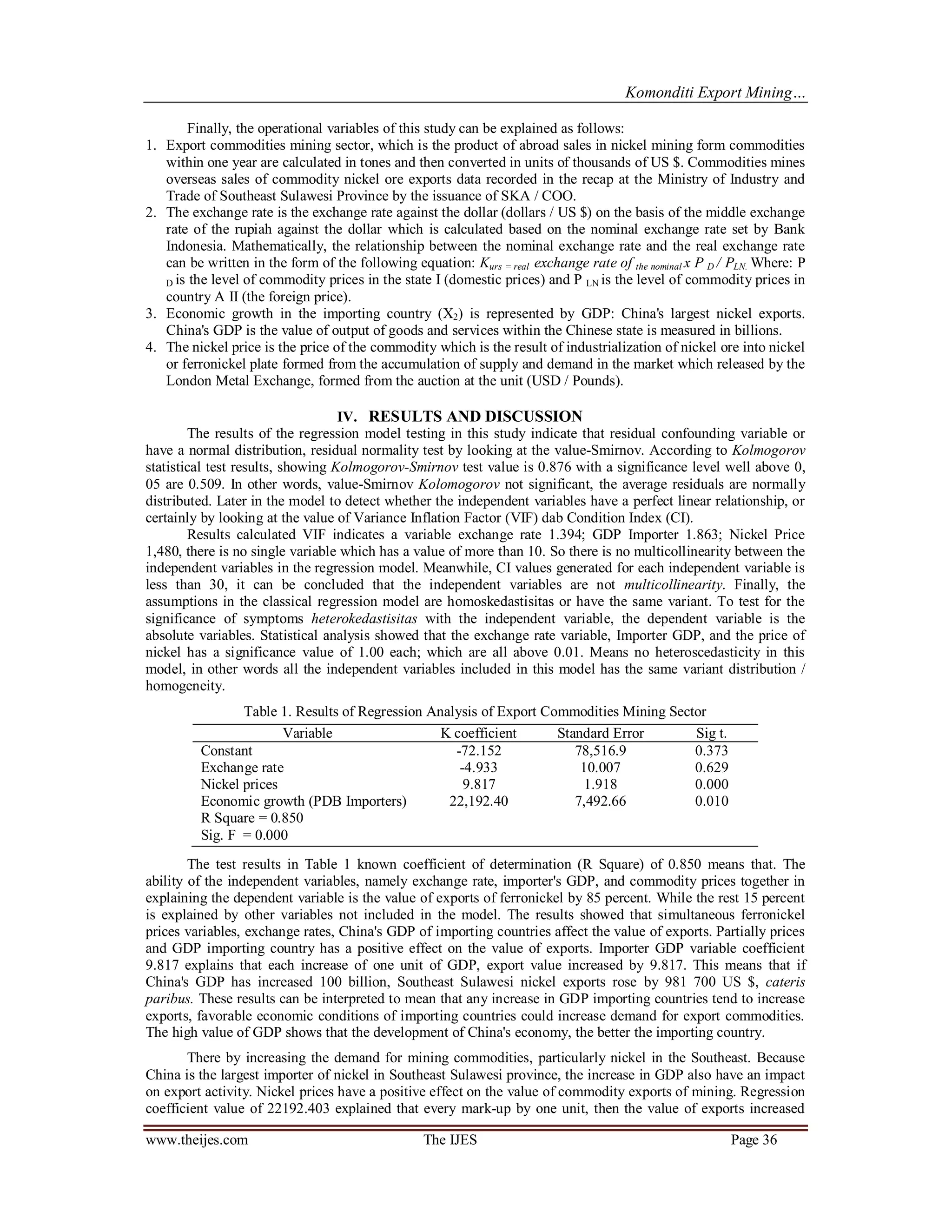 Komonditi Export Mining…
www.theijes.com The IJES Page 36
Finally, the operational variables of this study can be explained as follows:
1. Export commodities mining sector, which is the product of abroad sales in nickel mining form commodities
within one year are calculated in tones and then converted in units of thousands of US $. Commodities mines
overseas sales of commodity nickel ore exports data recorded in the recap at the Ministry of Industry and
Trade of Southeast Sulawesi Province by the issuance of SKA / COO.
2. The exchange rate is the exchange rate against the dollar (dollars / US $) on the basis of the middle exchange
rate of the rupiah against the dollar which is calculated based on the nominal exchange rate set by Bank
Indonesia. Mathematically, the relationship between the nominal exchange rate and the real exchange rate
can be written in the form of the following equation: Kurs = real exchange rate of the nominal x P D / PLN. Where: P
D is the level of commodity prices in the state I (domestic prices) and P LN is the level of commodity prices in
country A II (the foreign price).
3. Economic growth in the importing country (X2) is represented by GDP: China's largest nickel exports.
China's GDP is the value of output of goods and services within the Chinese state is measured in billions.
4. The nickel price is the price of the commodity which is the result of industrialization of nickel ore into nickel
or ferronickel plate formed from the accumulation of supply and demand in the market which released by the
London Metal Exchange, formed from the auction at the unit (USD / Pounds).
IV. RESULTS AND DISCUSSION
The results of the regression model testing in this study indicate that residual confounding variable or
have a normal distribution, residual normality test by looking at the value-Smirnov. According to Kolmogorov
statistical test results, showing Kolmogorov-Smirnov test value is 0.876 with a significance level well above 0,
05 are 0.509. In other words, value-Smirnov Kolomogorov not significant, the average residuals are normally
distributed. Later in the model to detect whether the independent variables have a perfect linear relationship, or
certainly by looking at the value of Variance Inflation Factor (VIF) dab Condition Index (CI).
Results calculated VIF indicates a variable exchange rate 1.394; GDP Importer 1.863; Nickel Price
1,480, there is no single variable which has a value of more than 10. So there is no multicollinearity between the
independent variables in the regression model. Meanwhile, CI values generated for each independent variable is
less than 30, it can be concluded that the independent variables are not multicollinearity. Finally, the
assumptions in the classical regression model are homoskedastisitas or have the same variant. To test for the
significance of symptoms heterokedastisitas with the independent variable, the dependent variable is the
absolute variables. Statistical analysis showed that the exchange rate variable, Importer GDP, and the price of
nickel has a significance value of 1.00 each; which are all above 0.01. Means no heteroscedasticity in this
model, in other words all the independent variables included in this model has the same variant distribution /
homogeneity.
Table 1. Results of Regression Analysis of Export Commodities Mining Sector
Variable K coefficient Standard Error Sig t.
Constant -72.152 78,516.9 0.373
Exchange rate -4.933 10.007 0.629
Nickel prices 9.817 1.918 0.000
Economic growth (PDB Importers) 22,192.40 7,492.66 0.010
R Square = 0.850
Sig. F = 0.000
The test results in Table 1 known coefficient of determination (R Square) of 0.850 means that. The
ability of the independent variables, namely exchange rate, importer's GDP, and commodity prices together in
explaining the dependent variable is the value of exports of ferronickel by 85 percent. While the rest 15 percent
is explained by other variables not included in the model. The results showed that simultaneous ferronickel
prices variables, exchange rates, China's GDP of importing countries affect the value of exports. Partially prices
and GDP importing country has a positive effect on the value of exports. Importer GDP variable coefficient
9.817 explains that each increase of one unit of GDP, export value increased by 9.817. This means that if
China's GDP has increased 100 billion, Southeast Sulawesi nickel exports rose by 981 700 US $, cateris
paribus. These results can be interpreted to mean that any increase in GDP importing countries tend to increase
exports, favorable economic conditions of importing countries could increase demand for export commodities.
The high value of GDP shows that the development of China's economy, the better the importing country.
There by increasing the demand for mining commodities, particularly nickel in the Southeast. Because
China is the largest importer of nickel in Southeast Sulawesi province, the increase in GDP also have an impact
on export activity. Nickel prices have a positive effect on the value of commodity exports of mining. Regression
coefficient value of 22192.403 explained that every mark-up by one unit, then the value of exports increased
 