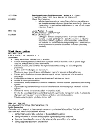 SEP 1984 - Regulatory Reports Staff / Accountant / Auditor = 16 (+) years
STANDARD CHARTERED BANK, PHILIPPINE BRANCHES
FEB 2001 Makati City, Philippines
• A British based international chain of bank offering universal banking
and financing services in Europe, Middle-East, Asia-Pacific, Africa and
the Americas. It has branches worldwide and its main office is located
in London, England.
MAY 1982 - Junior Auditor = 2(-) years
FILINVEST CREDIT CORPORATION
FEB 1984 Makati City, Philippines
• A Philippine domestic company involved in corporate and retail
financing services, granting credit / loans for acquisition of industrial
machineries, vehicles, appliances and real estate for both business
and personal use (main business) and providing lease / rental services
of heavy industrial equipments to corporate customers (secondary
business).
Work Description
DEC 2007 – DATE
KINETIC ENERGY FACTORY CO. W.L.L.
Accountant
• Set-up and maintain company book of accounts.
• Compile and analyze financial information to prepare entries to accounts, such as general ledger
accounts, and document business transactions.
• Establish, maintain, and coordinate the implementation of accounting and accounting control
procedures.
• Analyze and review budgets and expenditures
• Monitor and review accounting and related system reports for accuracy and completeness.
• Prepare and review budget, revenue, expense, payroll entries, invoices, and other accounting
documents.
• Explain billing invoices and accounting policies to staff, vendors and clients.
• Resolve accounting discrepancies.
• Recommend, develop and maintain financial data bases, computer software systems and manual filing
systems.
• Supervise the input and handling of financial data and reports for the company's automated financial
systems.
• Interact with internal and external auditors in completing audits.
• Develop the annual operating budget and consult with departmental management on the fiscal aspects
of program planning, salary recommendations, and other administrative actions.
• Provide accounting policy orientation for new staff.
MAY 2007 - JUN 2009
OIL & GAS INTERNATIONAL EQUIPMENT CO. LTD.
Senior Accountant
-Set-up the book of accounts of the company’s manufacturing subsidiary ‘Advance Steel Technics’ (AST)
-Set-up the work flow of ‘Advanced Steel Technics’
• identify the process/es to be performed by designated staff/personnel
• identify documents to be raised and appropriate signatories/approving personnel
• determine the number of documents to be raised or to be required from other parties
• identify recipient of document/s for distribution
 