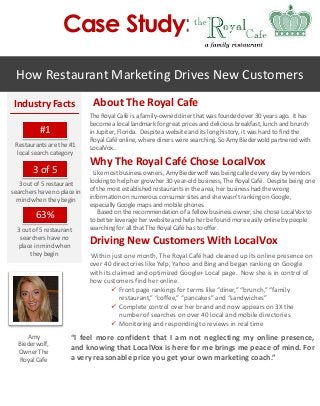 Industry Facts
Restaurants are the #1
local search category
3 out of 5 restaurant
searchers have no place in
mind when they begin
3 out of 5 restaurant
searchers have no
place in mind when
they begin
About The Royal Cafe
The Royal Café is a family-owned diner that was founded over 30 years ago. It has
become a local landmark for great prices and delicious breakfast, lunch and brunch
in Jupiter, Florida. Despite a website and its long history, it was hard to find the
Royal Café online, where diners were searching. So Amy Biederwold partnered with
LocalVox..
How Restaurant Marketing Drives New Customers
#1
3 of 5
63%
“I feel more confident that I am not neglecting my online presence,
and knowing that LocalVox is here for me brings me peace of mind. For
a very reasonable price you get your own marketing coach.”
Why The Royal Café Chose LocalVox
Like most business owners, Amy Biederwolf was being called every day by vendors
looking to help her grow her 30 year-old business, The Royal Café. Despite being one
of the most established restaurants in the area, her business had the wrong
information on numerous consumer sites and she wasn’t ranking on Google,
especially Google maps and mobile phones.
Based on the recommendation of a fellow business owner, she chose LocalVox to
to better leverage her website and help her be found more easily online by people
searching for all that The Royal Café has to offer.
Amy
Biederwolf,
Owner The
Royal Cafe
Driving New Customers With LocalVox
Within just one month, The Royal Café had cleaned up its online presence on
over 40 directories like Yelp, Yahoo and Bing and began ranking on Google
with its claimed and optimized Google+ Local page. Now she is in control of
how customers find her online.
 Front page rankings for terms like “diner,” “brunch,” “family
restaurant,” “coffee,” “pancakes” and “sandwiches”
 Complete control over her brand and now appears on 3X the
number of searches on over 40 local and mobile directories
 Monitoring and responding to reviews in real time
Case Study:
 
