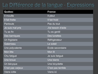 Québec France
Il mouille Il pleut
Il fait frette Il fait froid
Pantoute Pas du tout
Je suis mal pris J'ai besoin d'aide
Tu es fin Tu es gentil
Des barniques Des lunettes
Un frigidaire Réfrigérateur
Galarneau Le soleil
Une polyvalente Ecole secondaire
Mon litte Mon lit
Chu fatigué Je suis fatigué
Une broue Une bierre
Un bécyque Une bicyclette
C'est pas varjeux C'est pas terrible
Viens icitte Viens ici
 