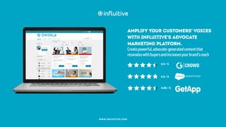 4.6 / 5
4.69 / 5
4.9 / 5
Amplify your customers’ voices
with Influitive’s advocate
marketing platform.
Createpowerful,advocate-generatedcontentthat
resonateswithbuyersandincreasesyourbrand’sreach
www.influitive.com
Contact Us
 