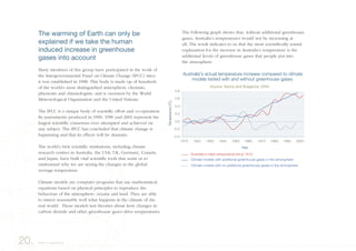 The following graph shows that, without additional greenhouse
gases, Australia’s temperatures would not be increasing at
all. The result indicates to us that the most scientifically sound
explanation for the increase in Australia’s temperature is the
additional levels of greenhouse gases that people put into
the atmosphere.
20. Earth is overheating
The warming of Earth can only be
explained if we take the human
induced increase in greenhouse
gases into account
Many members of this group have participated in the work of
the Intergovernmental Panel on Climate Change (IPCC) since
it was established in 1988. This body is made up of hundreds
of the world’s most distinguished atmospheric chemists,
physicists and climatologists, and is overseen by the World
Meteorological Organisation and the United Nations.
The IPCC is a unique body of scientific effort and co-operation.
Its assessments produced in 1990, 1996 and 2001 represent the
largest scientific consensus ever attempted and achieved on
any subject. The IPCC has concluded that climate change is
happening and that its effects will be dramatic.
The world’s best scientific institutions, including climate
research centres in Australia, the USA, UK, Germany, Canada,
and Japan, have built vital scientific tools that assist us to
understand why we are seeing the changes in the global
average temperature.
Climate models are computer programs that use mathematical
equations based on physical principles to reproduce the
behaviour of the atmosphere, oceans and land. They are able
to mirror reasonably well what happens in the climate of the
real world. These models test theories about how changes in
carbon dioxide and other greenhouse gases drive temperatures.
����
����
���
���
���
���
���
����������� ������ ����������� �������� �������� �� �������
������ ������ ���� ��� ������� ���������� �����
������� ������ ��� ��������� ����
���������������
����
���� ���� ���� ���� ���� ���� ���� ���� ���� ����
������� ������ ���� ���������� ���������� ����� �� ��� ����������
������� ������ ���� �� ���������� ���������� ����� �� ��� ����������
����������� ���� ����������� ����� ����
 