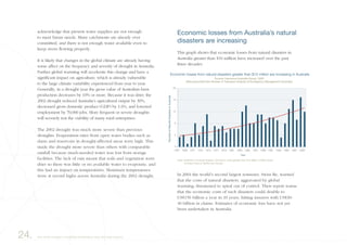 Economic losses from Australia’s natural
disasters are increasing
This graph shows that economic losses from natural disasters in
Australia greater than $10 million have increased over the past
three decades.
In 2004 the world’s second largest reinsurer, Swiss Re, warned
that the costs of natural disasters, aggravated by global
warming, threatened to spiral out of control. Their report warns
that the economic costs of such disasters could double to
US$150 billion a year in 10 years, hitting insurers with US$30-
40 billion in claims. Estimates of economic loss have not yet
been undertaken in Australia.
�
�
�
��
��
��
�������� ������ ���� ������� ��������� ������� ���� ��� ������� ��� ���������� �� ���������
������� ��������� ��������� ������ ����
�������������� ���� ������ �� ��������� �������� �� ��������� ���������� ����������
�����������������������������������
���� ���� ���� ���� ���� ���� ���� ���� ���� ���� ���� ���� ���� ���� ���� ���� ����
����� ���������� �� ������� ��������� �������� ����� ������� ���� ��� ������� ����� �������
�������� ����� �� ������ ��� ���������
����
24. Very small changes in the global temperature have very large impacts
acknowledge that present water supplies are not enough
to meet future needs. Many catchments are already over
committed, and there is not enough water available even to
keep rivers flowing properly.
It is likely that changes in the global climate are already having
some affect on the frequency and severity of drought in Australia.
Further global warming will accelerate this change and have a
significant impact on agriculture, which is already vulnerable
to the large climate variability experienced from year to year.
Generally, in a drought year the gross value of Australian farm
production decreases by 10% or more. Because it was drier, the
2002 drought reduced Australia’s agricultural output by 30%,
decreased gross domestic product (GDP) by 1.6%, and lowered
employment by 70,000 jobs. More frequent or severe droughts
will severely test the viability of many rural enterprises.
The 2002 drought was much more severe than previous
droughts. Evaporation rates from open water bodies such as
dams and reservoirs in drought-affected areas were high. This
made the drought more severe than others with comparable
rainfall because much-needed water was lost from storage
facilities. The lack of rain meant that soils and vegetation were
drier so there was little or no available water to evaporate, and
this had an impact on temperatures. Maximum temperatures
were at record highs across Australia during the 2002 drought.
 