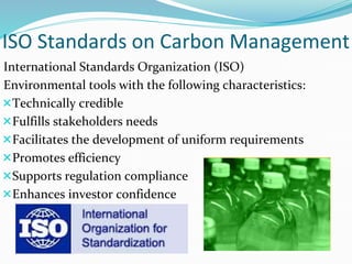 ISO Standards on Carbon Management
International Standards Organization (ISO)
Environmental tools with the following characteristics:
Technically credible
Fulfills stakeholders needs
Facilitates the development of uniform requirements
Promotes efficiency
Supports regulation compliance
Enhances investor confidence
 