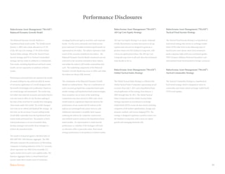 30
Performance Disclosures
BakerAvenue Asset Management (“BAAM”)
Balanced Dynamic Growth Model
BakerAvenue Asset Management (“BAAM”)
All Cap Core Equity Strategy
BakerAvenue Asset Management (“BAAM”)
Tactical Fixed Income Strategy
BakerAvenue Asset Management (“BAAM”)
Global Tactical Index Strategy
BakerAvenue Asset Management (“BAAM”)
Tactical Commodity Strategy
The Balanced Dynamic Growth Model is a
hypothetical back tested model. The Model started
January 1, 2005 with a static allocation to 37.5%
of the All Cap Core strategy, 37.5% of the Global
Tactical Index strategy, 20% of the Tactical Fixed
Income strategy, and 5% in Tactical Commodities
strategy, and has made no additions or withdrawals.
Past results, including hypothetical and back-tested
results, are not a guarantee or predictor of future
results.
Performance portrayed does not represent the results
of actual trading but was achieved solely by means
of retroactive application of a model designed with
the benefit of hindsight and modification (based on
our initial design and assessment). The results may
not reflect that material economic and market factors
may have had an effect on our decision making at
the time of the event had we actually been managing
client assets under this model. The model changed
over time as we refined and finalized the strategy. At
this time, we do not know if actual trading results
would differ materially from the hypothetical back
tested results portrayed here. The purpose of back
tested performance is to test investment ideas,
develop strategies and modify those strategies to
achieve the intended results.
The model is measured against a blended index of
80% S&P 500 / 20% Barclays Aggregate. The S&P
500 Index measures the performance of 500 leading
companies in leading industries of the U.S. economy,
which represents over 80% of the investable U.S.
equity market and as such is not a global index. The
Barclays Aggregate Index is a broad based fixed
income index that includes most US treasuries,
All Cap Core Equity Strategy is an equity composite
of fully discretionary accounts that invest in all cap
equities and cash and are designed to generate a
positive return over the medium to long term, with
a focus on capital preservation. The All Cap Core
Composite may move to all cash when the investment
team decides to do so.
The Tactical Fixed Income Strategy is a hypothetical
back tested strategy that invests in exchange-traded
funds (ETFs) that invest in the following types of
fixed income asset classes: short-term investment
grade corporate, high yield (non-investment grade),
TIPS (Treasury Inflation Protected Securities), and
international bonds denominated in foreign currencies.
The Global Tactical Index Strategy is a blend of the
Global Tactical Index Composite, representing actual
accounts, from July 1, 2011 and a hypothetical back
tested application of this strategy from January 1,
2005 through June 30, 2011. The Global Tactical
Index Composite and the Global Tactical Index
Strategy represents an investment in exchange
traded funds (ETFs) across all asset classes including
companies of all market capitalizations, foreign and
domestic markets, and inverse hedging ETFs. The
strategy is designed to generate a positive return over
the medium to long term, with a focus on capital
growth and managing downside risk.
The Tactical Commodity Strategy is a hypothetical
back tested strategy which is designed to invest in
commodity and metals related exchange-traded funds
(ETFs) and equities.
mortgage backed and agency securities, and corporate
bonds. It is the most commonly used fixed income
proxy and most US traded investment grade bonds are
represented in the Index. The indices represent a total
return of the securities included in the indices. The
Balanced Dynamic Growth Model constituents are not
restricted to the securities included in these indices,
and unlike the indices, will include commodities and
cash. The underlying components of the Balanced
Dynamic Growth Model may move to 100% cash while
the indices are always fully invested.
The constituents of the Balanced Dynamic Growth
Model are outlined below. They are a combination of
active accounts grouped into composites based upon
similar strategy and hypothetical back tested strategies.
Since inception, one or more of the underlying
components may have moved to 100% cash, which
would result in a significant dispersion between the
performance of our model and the indexes as the
indexes are unmanaged and cannot move to cash.
Additional information is available upon request
outlining the policies for composite construction
and methods used to construct the hypothetical back
tested models. No representation is made that the
performance or volatility of the strategies will track
or otherwise reflect a particular index. Back tested
strategy performance is not predictive of future results.
 