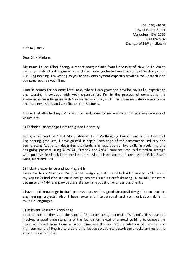 Joe Zhe Zhang General Cover Letter