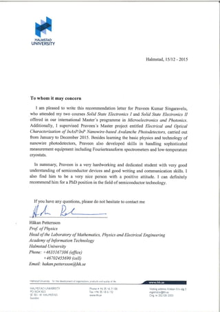 Reference letter from Supervisior