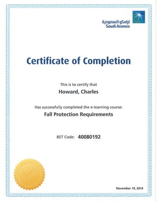 Saudi Aramco Fall Protection Requirement Certificate