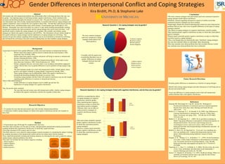 Gender Differences in Interpersonal Conflict and Coping Strategies
Kira Birditt, Ph.D, & Stephanie Lake
Abstract
How people cope with interpersonal problems may differentially affect well-being and these links may vary
by gender. One important aspect of well-being includes cognitive interference, which is defined as the
unwanted and disturbing thoughts that intrude on a person’s life. The goal of this project is to examine the
ways that people cope with everyday interpersonal problems, to examine links between coping strategies and
cognitive interference, and to examine the role of gender in these links. The data that I analyzed are from the
Daily Health, Stress, and Relationships study which includes 110 participants (ages 40 through 95; 59%
Women). Participants were interviewed daily for a total of 14 days about irritating and potentially irritating
interpersonal situations they had encountered, and the coping strategies they used to deal with them. I will
specifically analyze whether the coping strategies vary by gender with crosstabs, and whether coping
strategies are linked with cognitive interference with ANOVAs. This information will give further insight on
how gender influences coping strategies and the implications of coping strategies for well-being. This
research will provide evidence regarding which strategies may be more beneficial or harmful for well-being,
and will benefit the well being of men and women by helping them use these healthier coping strategies.
Background
A great deal of research shows gender differences in daily stress and reactions to interpersonal tensions:
• Women report more negative and less positive relations than do men(Antonucci, 2001;
Fingerman, Hay, & Birditt, 2004).
• Women report more negative reactions and poorer well being in response to interpersonal
tensions (Almeida & Kessler, 1998).
• Women are more likely to ruminate about interpersonal problems, which leads to more
stress than men (Antonucci, 2001; Nolen-Hoeksema et al., 1999).
• Women, compared with men, were more likely to use avoidance and problem-reappraisal
coping, whereas there were no gender differences in active problem-solving coping (Long,
1990).
• The main strategies people use to deal with interpersonal conflict, include indirect, direct,
positive, and negative methods of coping (Birditt, Fingerman & Almeida, 2005).
• These coping strategies may be differentially linked with cognitive interference (i.e.,
unwanted and disturbing thoughts that intrude on a person’s life).
• Examining coping strategies and their links with cognitive interference may provide insights
regarding gender differences in reactions to interpersonal tensions.
There is little understanding of:
• Gender differences in coping strategies used in middle age and later life.
• Implications of coping strategies for cognitive interference.
Thus, the present study examined:
• The ways that men and women cope with interpersonal conflict, whether coping strategies
are linked with cognitive interference, and the role of gender in these links.
References
Almeida DM, McGonagle KA, Cate RC, Kessler RC, Wethington E.
Psychosocial moderators of emotional reactivity to marital arguments:
Results from a daily diary study. Marriage and Family Review.
2003;34:89– 113.
Birditt, K. S., Fingerman, K. L., & Almeida, D. M. (2005). Age Differences in
Exposure and Reactions to Interpersonal Tensions: A Daily Diary
Study. Psychology And Aging, 20(2), 330-340. doi:10.1037/0882-
7974.20.2.330.
Birditt, K. S. , & Fingerman, K. L. . (2005). Do we get better at picking our
battles? Age group differences in descriptions of behavioral reactions to
interpersonal tensions. The journals of gerontology Series B
Psychological sciences and social sciences, 60(3), P121-P128.
Retrieved from http://psychsocgerontology.oxfordjournals.org/conte nt/
60/3/P121.abstract.
Birditt K.S., Rott L.M., & Fingerman K.L. ‘If you can’t say something nice,
don’t say anything at all’: Coping with interpersonal tensions in the
parent- child relationship during adulthood. Journal of Family
Psychology
Drigotas, S. M. , Whitney, G. A. , & Rusbult, C. E. . (1995). On the Peculiarities
of Loyalty: A Diary Study of Responses to Dissatisfaction in Everyday
Life. Personality and Social Psychology Bulletin, 21(6), 596-609.
Retrieved from http://psp.sagepub.com/cgi/doi/10.1177/01461672
95216006.
Fingerman, K. L., Hay, E. L., & Birditt, K. S. (2004). The best of ties, the worst
of ties: Close, problematic and ambivalent social relationships. J
ournal of Marriage and Family, 66, 792–808.
Taylor, S. E., Repetti, R., & Seeman, T. E. (1997). Health psychology: What is an
unhealthy environment and how does it get under the skin?Annual
Review of Psychology, 48, 411–447.
Research Question 2: Are coping strategies linked with cognitive interference, and do they vary by gender?
Research Question 1: Do coping strategies vary by gender?
Method
• 110 participants (ages 40 through 95) completed daily interviews
•The daily study took place over the span of 14 days, and participants reported both irritating and potentially
irritating situations they experienced, and the ways in which they coped with them
•This study consisted of 59% women; and 41% men
•The Daily interviews were coded for coping strategies research assistants, by considering the subject’s feelings,
the complete description of the interpersonal conflict and how the subject dealt with the situation.
•They coded both potentially irritating and irritating situations, by choosing the best code to match the subjects
coping strategy using the guidelines seen below.
•The codes were divided into four distinct categories including:
1. Direct negative
2. Indirect negative
3. Direct positive
4. Indirect positive
Conclusions
•The most common strategies men and women used were constructive/positive
coping strategies (both indirect and direct).
•Similarly, research regarding retrospective reports of conflict reveal that
constructive/positive strategies are most common
•Surprisingly, despite the research indicating that women are more distressed by
problems than are men, there were no gender differences in the types of coping
strategies reported.
•The effects of coping strategies on cognitive interference varied by gender.
•Men reported greater cognitive interference on days in which they used indirect
positive strategies.
•Women report somewhat greater cognitive interference on days in which they
used direct positive coping strategies.
•Thus, even though these are theoretically more ‘beneficial’ coping strategies,
they may have harmful effects on individuals’ daily functioning.
•Men may ruminate more about problems they have avoided whereas women
may ruminate more about problems they have confronted.
Future Research Directions
•Examine gender differences in rumination as a function of coping strategies
•Identify links among coping strategies and other dimensions of well-being such as
physical and mental health.
•Assess age differences in coping strategies used to deal with interpersonal
conflicts and their links with cognitive interference.
Research Objectives
1. To examine the ways that men and women cope with everyday interpersonal problems.
2. To determine whether coping strategies are linked with cognitive interference and the role of gender in
these links.
0
0.5
1
1.5
2
2.5
3
No indirect pos Yes indirect pos
Men
Women
0
0.5
1
1.5
2
2.5
3
No direct pos Yes direct pos
Men
Women
Women
Indirect negative
Indirect positve
Direct positive
Direct Negative
Men
Indirect negative
Indirect positve
Direct positive
Direct Negative
•Men and women similarily reported
greater cognitive interference on days
in which they used direct positive
coping strategies.
•However, women report somewhat
greater cognitive interference on days
in which they used direct positive
coping strategies.
Crosstabs with chi-square tests
revealed that that there were no
gender differences in coping
strategies between men and
women.
The most common strategies
used were constructive coping
strategies (both indirect and
direct positive).
•ANOVAs revealed that the effects
of coping strategies on cognitive
interference varied by gender.
•Men reported greater cognitive
interference on days in which they
used indirect positive strategies.
•Whereas, there was no effect of
indirect positive strategies on
cognitive interference among
women.
Direct, Negative
1.Yell, name calling, give the
finger, dirty look, eye rolls,
etc.
2.Argue, nagging,
complaining
3.Physical aggression
4.End Relationship
Indirect, Negative
5.Leave/walk away/hang up
the phone
6.Avoid situation(e.g., not
going to a party)
7.Ignore person(pretend a
person does not exist)-when
the person is there
8.Drug and alcohol abuse
Direct, Positive
11.Discuss problems
12.Talk to someone else
about the problem
13.Ask to stop, change
behavior, or get help
14.Written contact(regarding
problem)
15.Direct solution(e.g., fix
problem, punishment)
Indirect, Positive
16.Do nothing)e.g., remain
calm, let situation blow over)
17.Do something to make
the other person feel better
18.Positive self help
behaviors (e.g., praying,
exercise, taking a break,
meditation
18b.Planning strategies for
the future
 