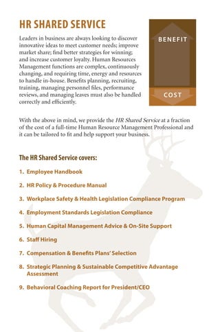 HR SHARED SERVICE 
Leaders in business are always looking to discover 
innovative ideas to meet customer needs; improve 
market share; find better strategies for winning; 
and increase customer loyalty. Human Resources 
Management functions are complex, continuously 
changing, and requiring time, energy and resources 
to handle in-house. Benefits planning, recruiting, 
training, managing personnel files, performance 
reviews, and managing leaves must also be handled 
correctly and efficiently. 
With the above in mind, we provide the HR Shared Service at a fraction 
of the cost of a full-time Human Resource Management Professional and 
it can be tailored to fit and help support your business. 
The HR Shared Service covers: 
1. Employee Handbook 
2. HR Policy & Procedure Manual 
3. Workplace Safety & Health Legislation Compliance Program 
4. Employment Standards Legislation Compliance 
5. Human Capital Management Advice & On-Site Support 
6. Staff Hiring 
7. Compensation & Benefits Plans’ Selection 
8. Strategic Planning & Sustainable Competitive Advantage 
Assessment 
9. Behavioral Coaching Report for President/CEO 
COST 
BENEFIT  