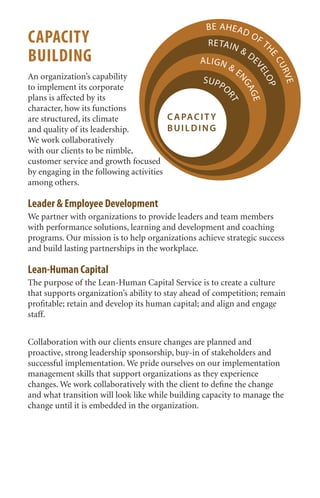 CAPACITY 
BUILDING 
An organization’s capability 
to implement its corporate 
plans is affected by its 
character, how its functions 
are structured, its climate 
and quality of its leadership. 
We work collaboratively 
with our clients to be nimble, 
customer service and growth focused 
by engaging in the following activities 
among others. 
Leader & Employee Development 
We partner with organizations to provide leaders and team members 
with performance solutions, learning and development and coaching 
programs. Our mission is to help organizations achieve strategic success 
and build lasting partnerships in the workplace. 
Lean-Human Capital 
The purpose of the Lean-Human Capital Service is to create a culture 
that supports organization’s ability to stay ahead of competition; remain 
profitable; retain and develop its human capital; and align and engage 
staff. 
Collaboration with our clients ensure changes are planned and 
proactive, strong leadership sponsorship, buy-in of stakeholders and 
successful implementation. We pride ourselves on our implementation 
management skills that support organizations as they experience 
changes. We work collaboratively with the client to define the change 
and what transition will look like while building capacity to manage the 
change until it is embedded in the organization. 
SUPPORT 
AL I GN & ENGAGE 
RETAIN & DEVELOP 
BE AHE AD OF THE CURVE 
CAPACIT Y 
BUILDING 
 