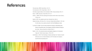 References Color and clients. (2009). Design Matters, 14(7), 10.
Color and emotion. (2012). Design Matters, 32(5), 76.
Color theory program enhances work environments. (2003). Professional Safety, 48(11), 73.
Davies, J. (2006). Hue and cry. Design Week, 21(11), 10.
Grubow, L. (2009). Color talk--connecting with consumers at shelf. Global Cosmetic Industry,
177(10), 16-18.
Heath, R. (1997). The wonderful world of color. Marketing Tools, 4(9), 44.
Helping Psychology. (2010, May 10). (A. University, Producer) Retrieved March 1, 2015, from
You Tube: https://www.youtube.com/watch?v=oQTAzLhCNj8&feature=related
Lev-Wiesel, R. (2000). The self-revelation through color technique: understanding clients’
relations with significant others, silent language, and defense mechanisms through the
use of color. American Journal of Art Therapy, 39(2), 35.
Pandis, C. (2011). The somewhat mysterious and altogether ambiguous art of selecting the
"right color". Global Cosmetic Industry, 179(3), 54-55.
Scott-Kemmis, J. (2014) “Color Psychology to Empower and Inspire You” Empower Yourself
with Colors www.com. Retrieved February 16, 2015, from http://www.empower-
yourself-with-color-psychology.com/
 