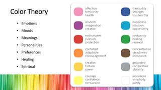 Color Theory
• Emotions
• Moods
• Meanings
• Personalities
• Preferences
• Healing
• Spiritual
 