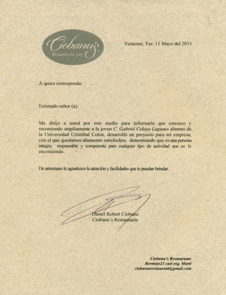 Carta de recomendación de Ciobanu's Restaurante