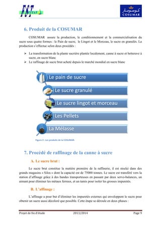 Projet de fin d’étude 2013/2014 Page 9
6. Produit de la COSUMAR
COSUMAR assure la production, le conditionnement et la commercialisation du
sucre sous quatre formes : le Pain de sucre, le Lingot et le Morceau, le sucre en granulés. La
production s’effectue selon deux procédés :
 La transformation de la plante sucrière plantée localement, canne à sucre et betterave à
sucre, en sucre blanc
 Le raffinage de sucre brut acheté depuis le marché mondial en sucre blanc
7. Procédé de raffinage de la canne à sucre
A. Le sucre brut :
Le sucre brut constitue la matière première de la raffinerie, il est stocké dans des
grands magasins « Silos » dont la capacité est de 75000 tonnes. Le sucre est transféré vers la
station d’affinage grâce à des bandes transporteuses en passant par deux servo-balances, un
aimant pour éliminer les métaux ferreux, et un tamis pour isoler les grosses impuretés.
B. L’affinage :
L’affinage a pour but d’éliminer les impuretés externes qui enveloppent le sucre pour
obtenir un sucre aussi décoloré que possible. Cette étape se déroule en deux phases :
Le pain de sucre
Le sucre granulé
Le sucre lingot et morceau
Les Pellets
La Mélasse
Figure 3 : Les produits de la COSUMAR.
 