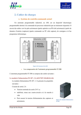 Projet de fin d’étude 2013/2014 Page 30
2. Cahier de charges
A. Système de contrôle-commande actuel
Un automate programmable industriel, ou API, est un dispositif électronique
programmable destiné à la commande de processus industriels par un traitement séquentiel. Il
envoie des ordres vers les prés actionneurs (partie opérative ou PO côté actionneur) à partir de
données d’entrées (capteurs) (partie commande ou PC côté capteur), de consignes et d’un
programme informatique.
Figure 18: Structure d'un API.
 Les composantes de l’automate programmable S7-300
L’automate programmable S7-300 se compose des unités suivantes :
Le module d’alimentation PS 307 ; 2A (6ES7307-1BA00-0AA0)
Le module d'alimentation PS 307 ; 2 A présente les propriétés
suivantes :
Courant de sortie 2 A
 Tension nominale de sortie 24 V cc
 stabilisée, tenue aux courts-circuits et à la marche à
vide
 Peut assurer la tension d'alimentation des capteurs et
actionneurs.
Figure 19: module d'alimentation
PS 307
 