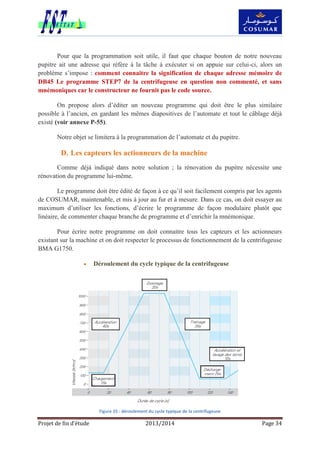 Projet de fin d’étude 2013/2014 Page 34
Pour que la programmation soit utile, il faut que chaque bouton de notre nouveau
pupitre ait une adresse qui réfère à la tâche à exécuter si on appuie sur celui-ci, alors un
problème s’impose : comment connaitre la signification de chaque adresse mémoire de
DB45 Le programme STEP7 de la centrifugeuse en question non commenté, et sans
mnémoniques car le constructeur ne fournit pas le code source.
On propose alors d’éditer un nouveau programme qui doit être le plus similaire
possible à l’ancien, en gardant les mêmes diapositives de l’automate et tout le câblage déjà
existé (voir annexe P-55).
Notre objet se limitera à la programmation de l’automate et du pupitre.
D. Les capteurs les actionneurs de la machine
Comme déjà indiqué dans notre solution ; la rénovation du pupitre nécessite une
rénovation du programme lui-même.
Le programme doit être édité de façon à ce qu’il soit facilement compris par les agents
de COSUMAR, maintenable, et mis à jour au fur et à mesure. Dans ce cas, on doit essayer au
maximum d’utiliser les fonctions, d’écrire le programme de façon modulaire plutôt que
linéaire, de commenter chaque branche de programme et d’enrichir la mnémonique.
Pour écrire notre programme on doit connaitre tous les capteurs et les actionneurs
existant sur la machine et on doit respecter le processus de fonctionnement de la centrifugeuse
BMA G1750.
 Déroulement du cycle typique de la centrifugeuse
Figure 25 : déroulement du cycle typique de la centrifugeuse
 
