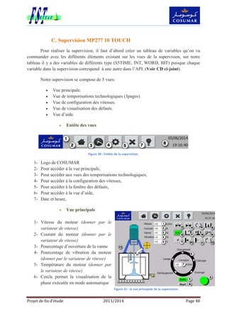 Projet de fin d’étude 2013/2014 Page 48
C. Supervision MP277 10 TOUCH
Pour réaliser la supervision, il faut d’abord créer un tableau de variables qu’on va
commander avec les différents éléments existant sur les vues de la supervision, sur notre
tableau il y a des variables de différents type (S5TIME, INT, WORD, BIT) puisque chaque
variable dans la supervision correspond à une autre dans l’API. (Voir CD ci-joint).
Notre supervision se compose de 5 vues:
 Vue principale.
 Vue de temporisations technologiques (3pages).
 Vue de configuration des vitesses.
 Vue de visualisation des défauts.
 Vue d’aide.
 Entête des vues
Figure 30 : Entête de la supervision.
1- Logo de COSUMAR
2- Pour accéder à la vue principale,
3- Pour accéder aux vues des temporisations technologiques,
4- Pour accéder à la configuration des vitesses,
5- Pour accéder à la fenêtre des défauts,
6- Pour accéder à la vue d’aide,
7- Date et heure,
 Vue principale
1- Vitesse du moteur (donner par le
variateur de vitesse)
2- Courant du moteur (donner par le
variateur de vitesse)
3- Pourcentage d’ouverture de la vanne
4- Pourcentage de vibration du moteur
(donner par le variateur de vitesse)
5- Température du moteur (donner par
le variateur de vitesse)
6- Cercle permet la visualisation de la
phase exécutée en mode automatique
Figure 31 : la vue principale de la supervision.
 