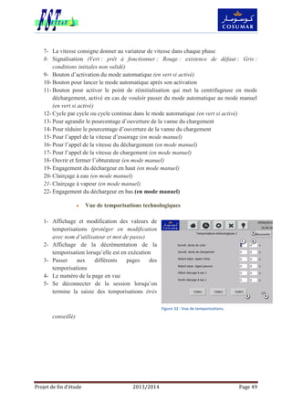 Projet de fin d’étude 2013/2014 Page 49
7- La vitesse consigne donner au variateur de vitesse dans chaque phase
8- Signalisation (Vert : prêt à fonctionner ; Rouge : existence de défaut ; Gris :
conditions initiales non validé)
9- Bouton d’activation du mode automatique (en vert si activé)
10- Bouton pour lancer le mode automatique après son activation
11- Bouton pour activer le point de réinitialisation qui met la centrifugeuse en mode
déchargement, activé en cas de vouloir passer du mode automatique au mode manuel
(en vert si activé)
12- Cycle par cycle ou cycle continue dans le mode automatique (en vert si activé)
13- Pour agrandir le pourcentage d’ouverture de la vanne du chargement
14- Pour réduire le pourcentage d’ouverture de la vanne du chargement
15- Pour l’appel de la vitesse d’essorage (en mode manuel)
16- Pour l’appel de la vitesse du déchargement (en mode manuel)
17- Pour l’appel de la vitesse de chargement (en mode manuel)
18- Ouvrir et fermer l’obturateur (en mode manuel)
19- Engagement du déchargeur en haut (en mode manuel)
20- Clairçage à eau (en mode manuel)
21- Clairçage à vapeur (en mode manuel)
22- Engagement du déchargeur en bas (en mode manuel)
 Vue de temporisations technologiques
1- Affichage et modification des valeurs de
temporisations (protéger en modification
avec nom d’utilisateur et mot de passe)
2- Affichage de la décrémentation de la
temporisation lorsqu’elle est en exécution
3- Passer aux différents pages des
temporisations
4- Le numéro de la page en vue
5- Se déconnecter de la session lorsqu’on
termine la saisie des temporisations (très
conseillé)
Figure 32 : Vue de temporisations.
 