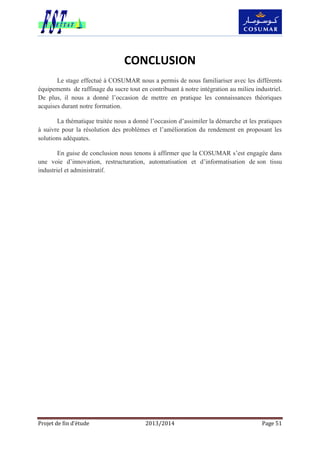 Projet de fin d’étude 2013/2014 Page 51
CONCLUSION
Le stage effectué à COSUMAR nous a permis de nous familiariser avec les différents
équipements de raffinage du sucre tout en contribuant à notre intégration au milieu industriel.
De plus, il nous a donné l’occasion de mettre en pratique les connaissances théoriques
acquises durant notre formation.
La thématique traitée nous a donné l’occasion d’assimiler la démarche et les pratiques
à suivre pour la résolution des problèmes et l’amélioration du rendement en proposant les
solutions adéquates.
En guise de conclusion nous tenons à affirmer que la COSUMAR s’est engagée dans
une voie d’innovation, restructuration, automatisation et d’informatisation de son tissu
industriel et administratif.
 