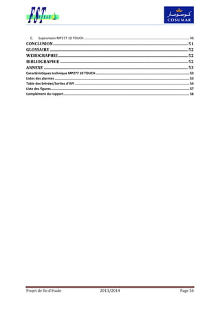 Projet de fin d’étude 2013/2014 Page 56
C. Supervision MP277 10 TOUCH................................................................................................................. 48
CONCLUSION.................................................................................................................................... 51
GLOSSAIRE ....................................................................................................................................... 52
WEBOGRAPHIE............................................................................................................................... 52
BIBLIOGRAPHIE ............................................................................................................................. 52
ANNEXE ............................................................................................................................................. 53
Caractéristiques technique MP277 10 TOUCH................................................................................................ 53
Listes des alarmes .......................................................................................................................................... 53
Table des Entrées/Sorties d’API ..................................................................................................................... 54
Liste des figures.............................................................................................................................................. 57
Complément du rapport................................................................................................................................. 58
 