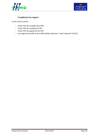 Projet de fin d’étude 2013/2014 Page 58
Complément du rapport
Le CD ci-joint contient :
- Fichier PDF des variables de la HMI
- Fichier PDF des variables de l’API
- Fichier PDF du programme de l’API
- Les programmes d’API et de la HMI réalisés (extension *.ap12 nécessite TIA V12)
 