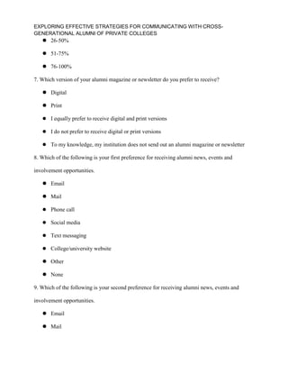EXPLORING EFFECTIVE STRATEGIES FOR COMMUNICATING WITH CROSS-
GENERATIONAL ALUMNI OF PRIVATE COLLEGES
 26-50%
 51-75%
 76-100%
7. Which version of your alumni magazine or newsletter do you prefer to receive?
 Digital
 Print
 I equally prefer to receive digital and print versions
 I do not prefer to receive digital or print versions
 To my knowledge, my institution does not send out an alumni magazine or newsletter
8. Which of the following is your first preference for receiving alumni news, events and
involvement opportunities.
 Email
 Mail
 Phone call
 Social media
 Text messaging
 College/university website
 Other
 None
9. Which of the following is your second preference for receiving alumni news, events and
involvement opportunities.
 Email
 Mail
 